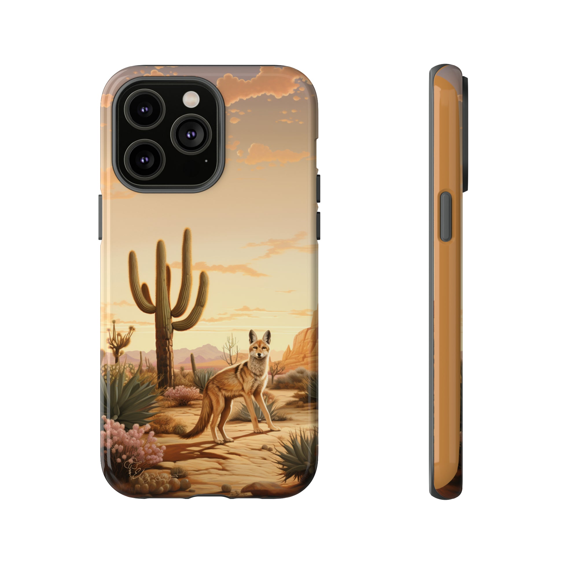 Unveiling our Western Tough Cell Phone Case: Dusk Jackal Oasis Edition! Witness the beauty of dusk with a jackal in a desert landscape next to a cactus. This design offers both rugged protection and a touch of twilight elegance.