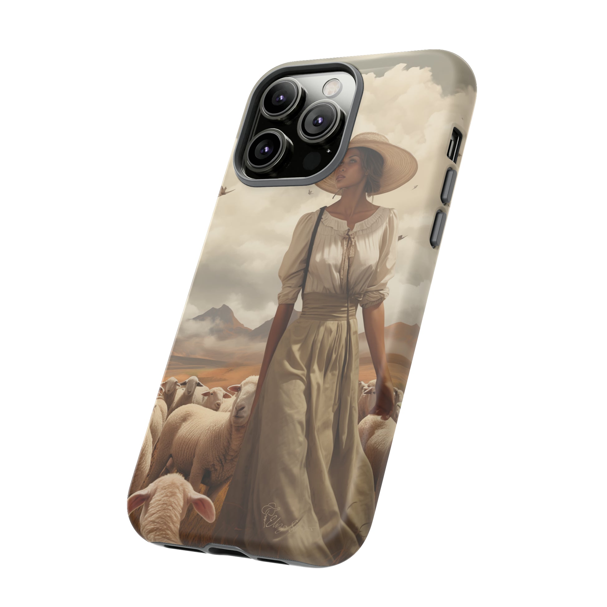 Immerse yourself in a dreamy landscape with our Tough Western Cell Phone Case showcasing a vintage painted design of a woman wearing a hat, walking through a prairie landscape with sheep behind her. Experience the magic of the past with this edition.