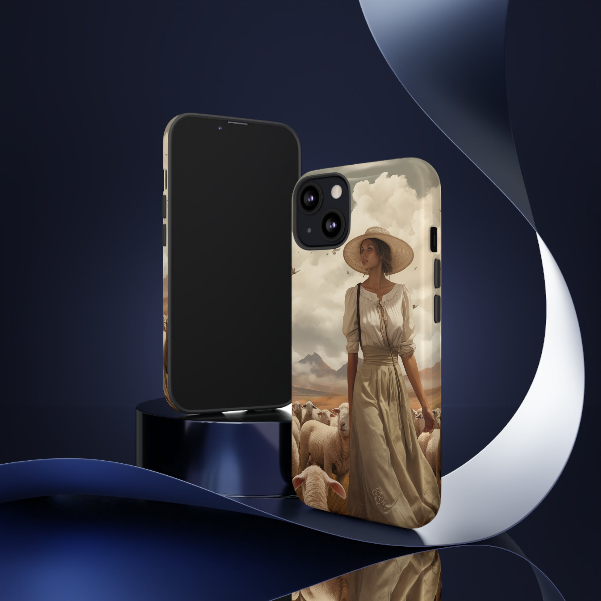 Immerse yourself in a dreamy landscape with our Tough Western Cell Phone Case showcasing a vintage painted design of a woman wearing a hat, walking through a prairie landscape with sheep behind her. Experience the magic of the past with this edition.