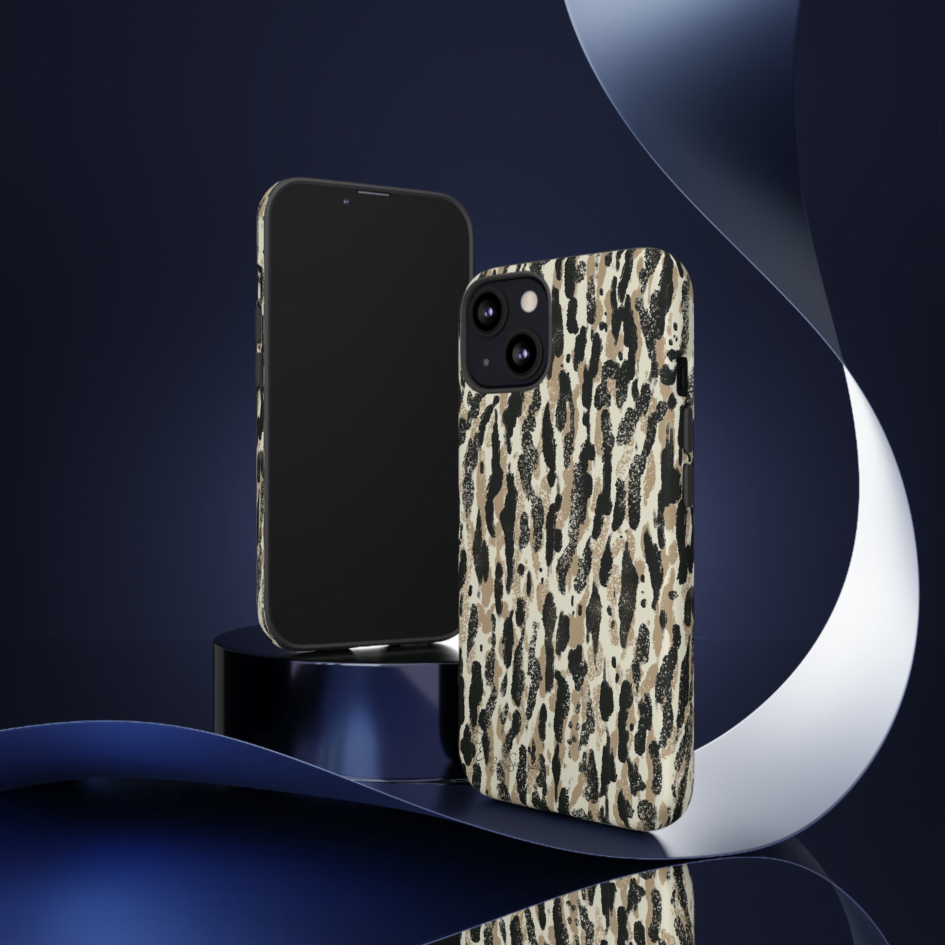 Elevate Your Tech: Abstract Neutral Animal Print iPhone Tough Protective Cover. Leopard-Painted Design in Beige and Black. Compatible with iPhone 15, 14, 13, XS, XR Pro/Max/Mini/P/Plus. Unleash the Wild with Style and Durability. #ElizaSinger #PhoneCase #LeopardPrint 