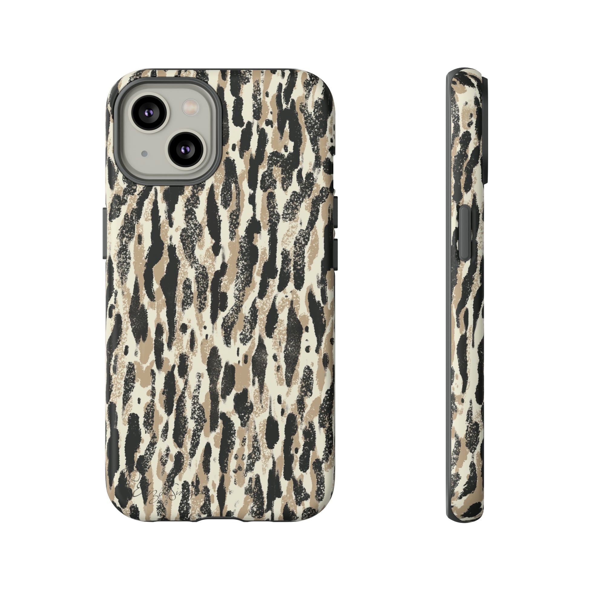 Elevate Your Tech: Abstract Neutral Animal Print iPhone Tough Protective Cover. Leopard-Painted Design in Beige and Black. Compatible with iPhone 15, 14, 13, XS, XR Pro/Max/Mini/P/Plus. Unleash the Wild with Style and Durability. #ElizaSinger #PhoneCase #LeopardPrint 