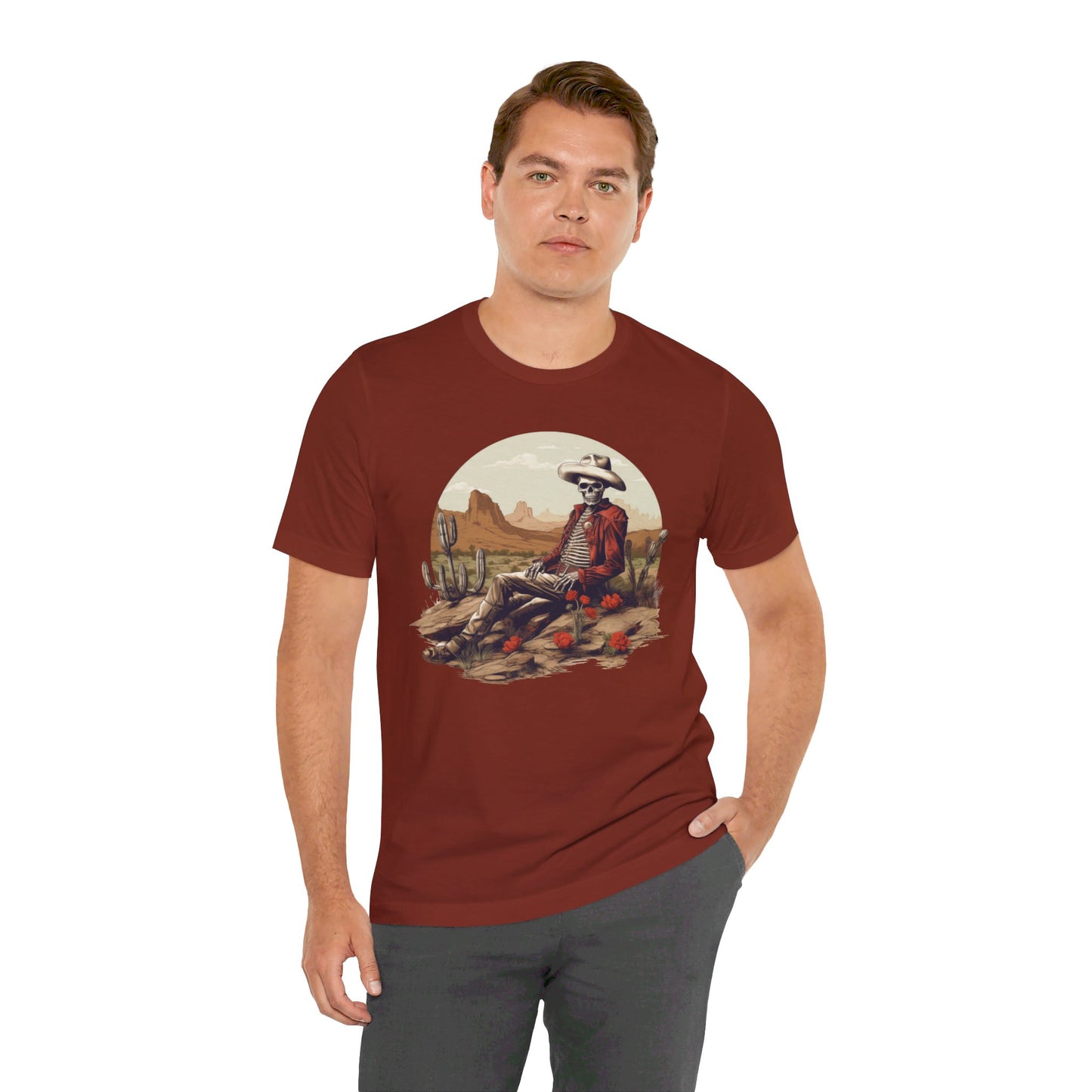 Skeleton Cowboy in Desert: Red Blazer Bella Canvas T-shirt