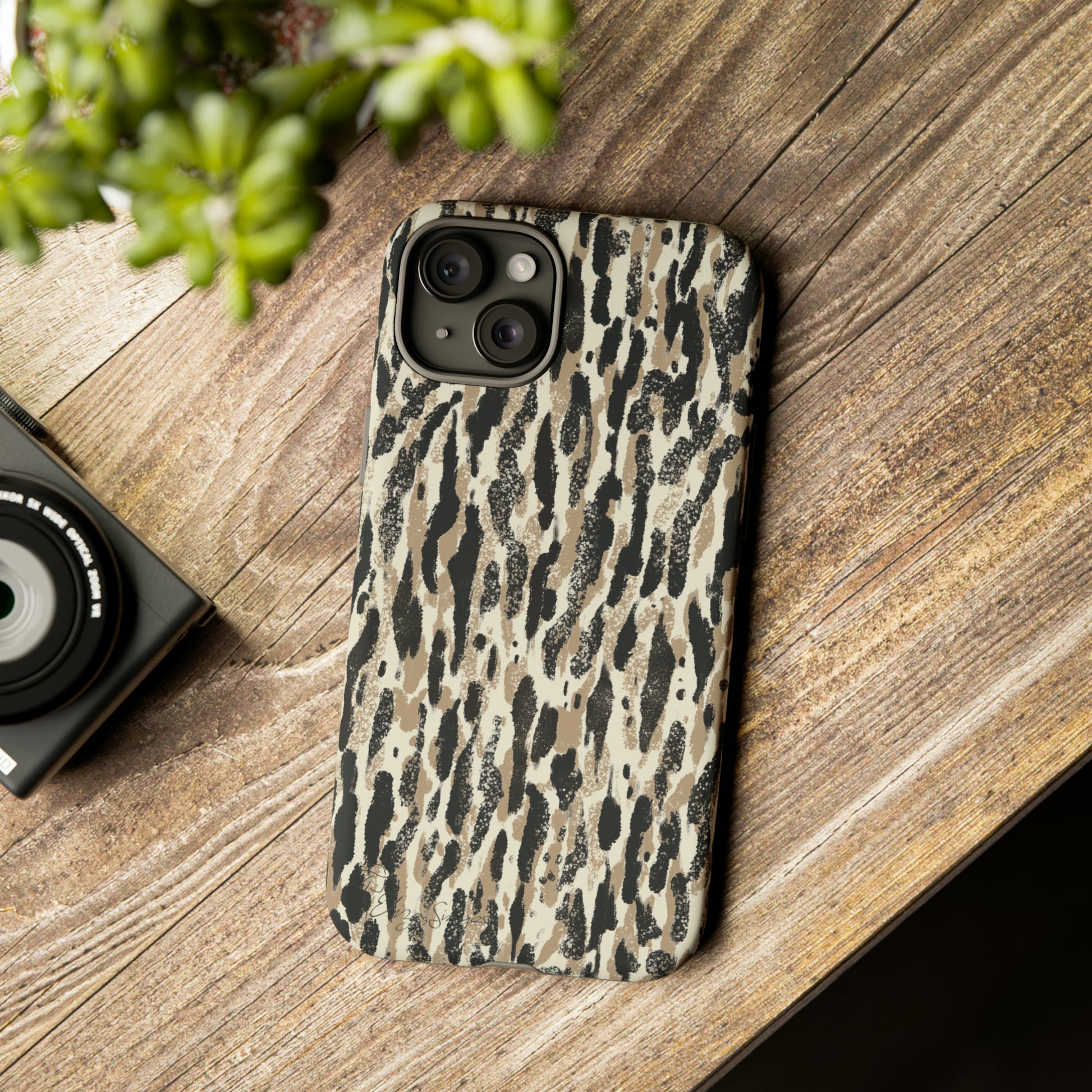 Elevate Your Tech: Abstract Neutral Animal Print iPhone Tough Protective Cover. Leopard-Painted Design in Beige and Black. Compatible with iPhone 15, 14, 13, XS, XR Pro/Max/Mini/P/Plus. Unleash the Wild with Style and Durability. #ElizaSinger #PhoneCase #LeopardPrint 