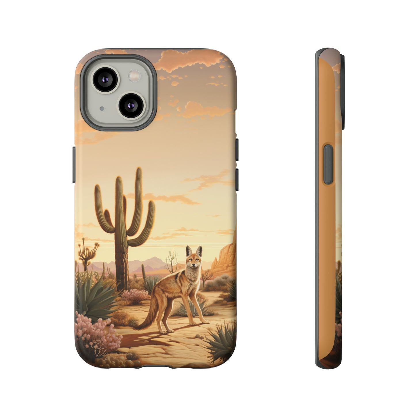 Unveiling our Western Tough Cell Phone Case: Dusk Jackal Oasis Edition! Witness the beauty of dusk with a jackal in a desert landscape next to a cactus. This design offers both rugged protection and a touch of twilight elegance.