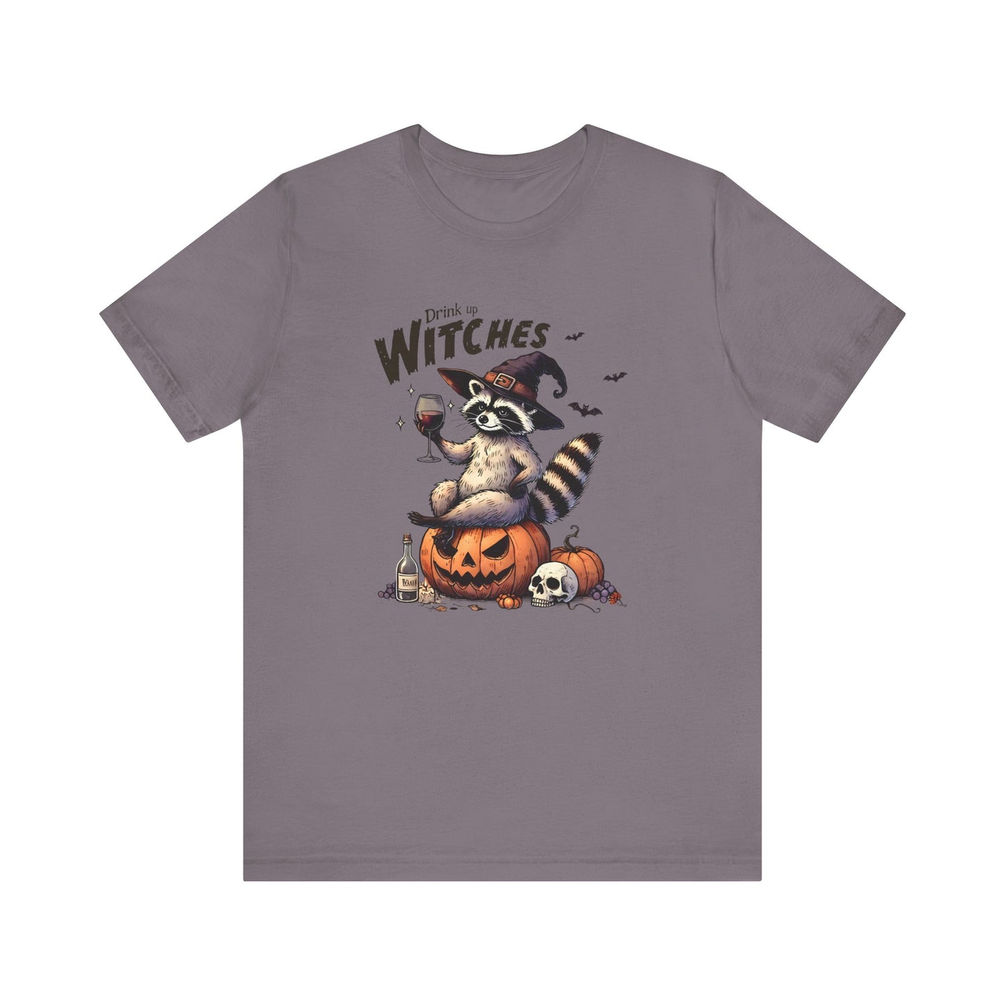 Drink Up Witches: Halloween Bella Canvas T-shirt with Raccoon