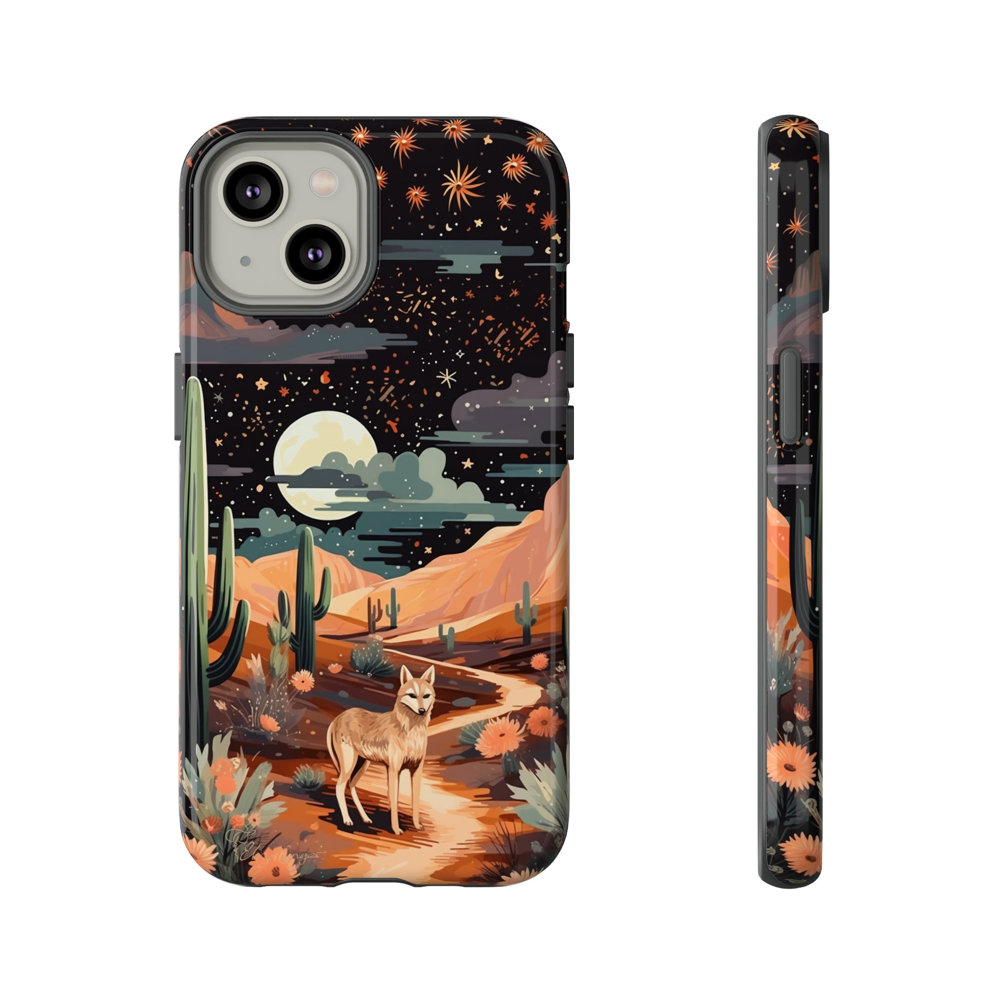 Introducing our Tough Western Cell Phone Case: Twilight Desert Jackal Remix Edition! A variation of our popular design, this edition features a jackal in a desert landscape with a starry night sky and cacti. Get ready for a unique twist on classic rugged protection.