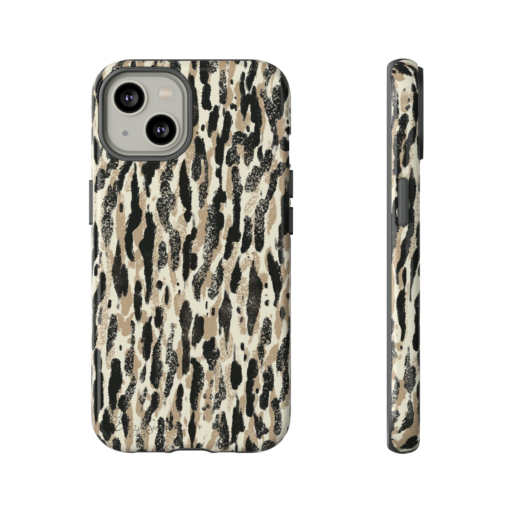 Elevate Your Tech: Abstract Neutral Animal Print iPhone Tough Protective Cover. Leopard-Painted Design in Beige and Black. Compatible with iPhone 15, 14, 13, XS, XR Pro/Max/Mini/P/Plus. Unleash the Wild with Style and Durability. #ElizaSinger #PhoneCase #LeopardPrint 
