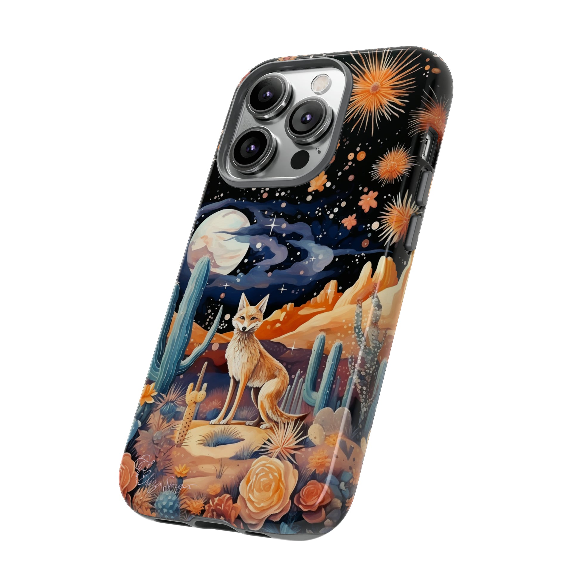 Introducing our Tough Western Cell Phone Case: Midnight Mirage Jackal Edition! Dive into the mysterious desert night with a striking depiction of a jackal, cacti, and a starry sky. This design offers the ideal combination of durability and desert charm.