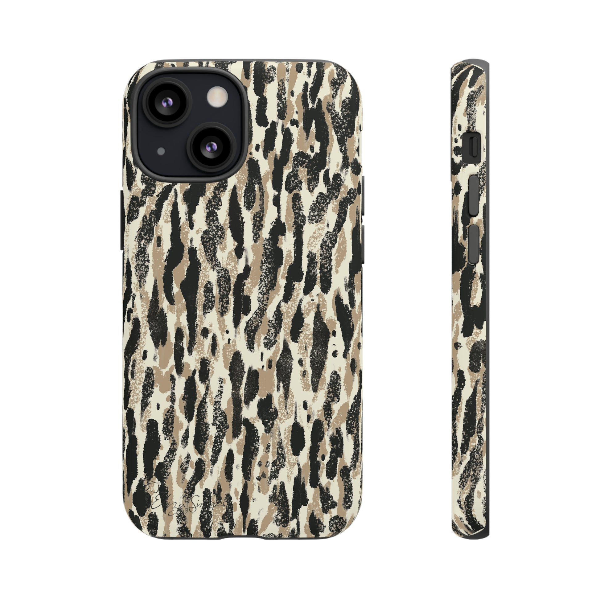Elevate Your Tech: Abstract Neutral Animal Print iPhone Tough Protective Cover. Leopard-Painted Design in Beige and Black. Compatible with iPhone 15, 14, 13, XS, XR Pro/Max/Mini/P/Plus. Unleash the Wild with Style and Durability. #ElizaSinger #PhoneCase #LeopardPrint 