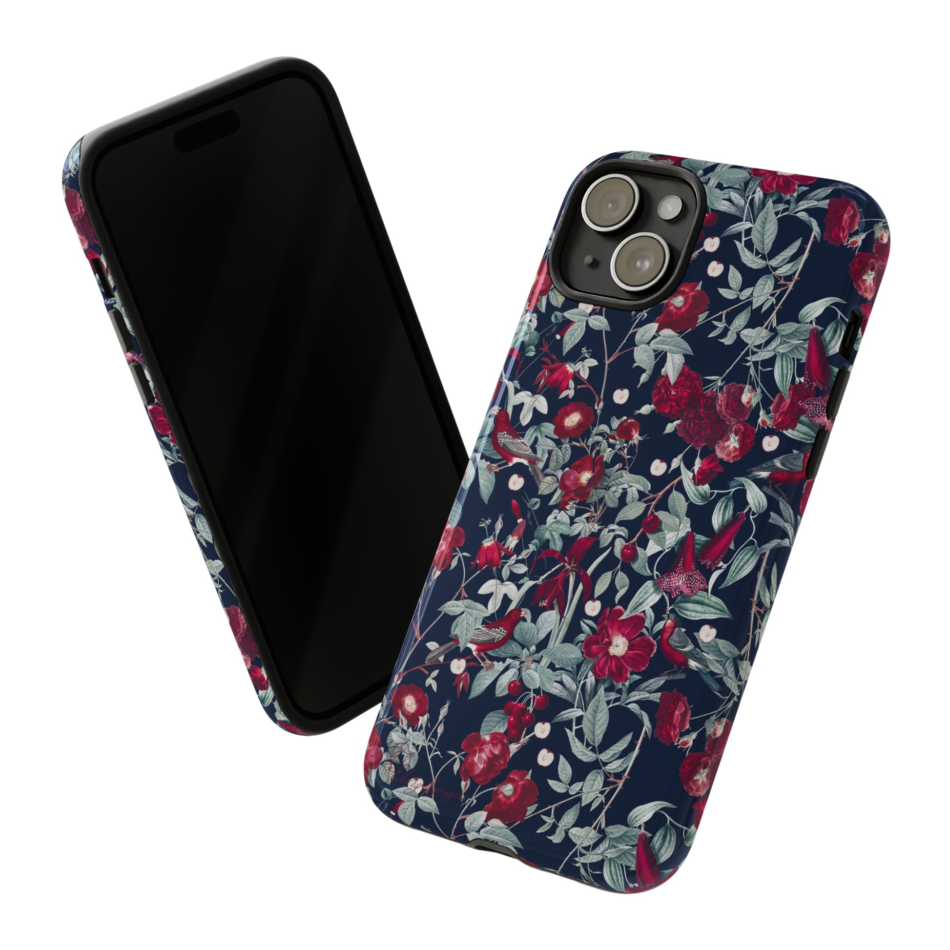 Blossom Serenade: Cherry Blossom Serenade Burgundy Navy Dark iPhone Tough Protective Cover. A captivating blend of Flowers in burgundy and navy hues, featuring a muted design. Compatible with iPhone 15, 14, 13, XS, XR Pro/Max/Mini/P/Plus. Elevate your device with this enchanting and stylish protective cover. #ElizaSinger #PhoneCase #FloralDesign