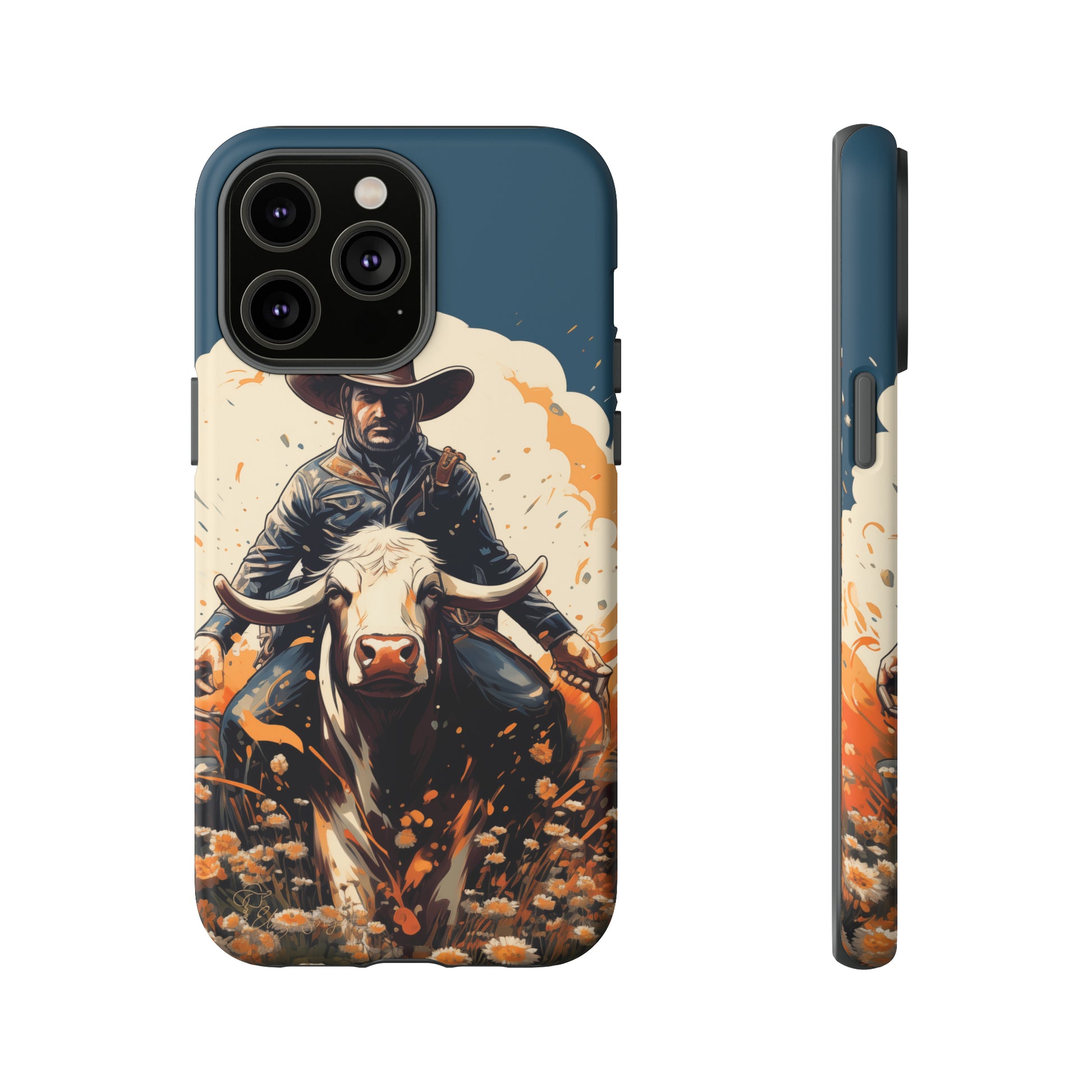 Time-Tested Charm: Immerse yourself in the charm of yesteryear with our Tough Cell Phone Case. Featuring a cowboy on a cow in a field of flowers, this design exudes retro vibes. Experience the perfect blend of vintage style and durable protection. Elevate your phone with a touch of timeless allure. #ElizaSinger #PhoneCase #VintageCharm