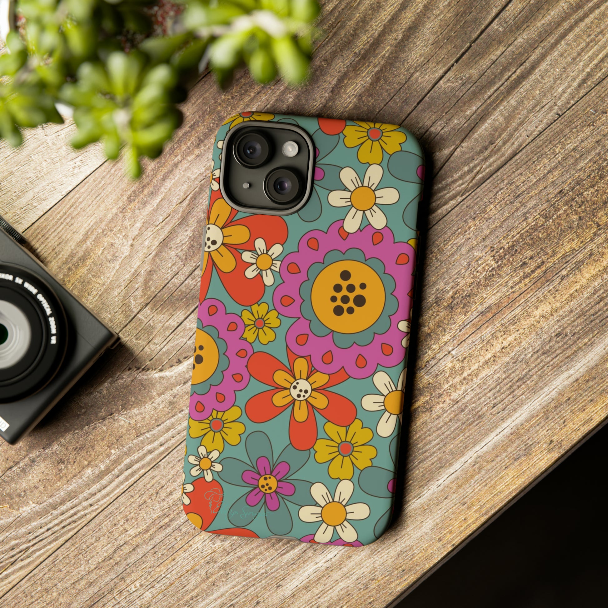 Step into the Groove: Groovy Hippie Hippy Design iPhone Tough Protective Cover. A nod to the 60's with Daisy Design in Turquoise and Pink. Compatible with iPhone 15, 14, 13, XS, XR Pro/Max/Mini/P/Plus. Embrace Retro Vibes with Style and Durability. #ElizaSinger #PhoneCase #GroovyDesign 