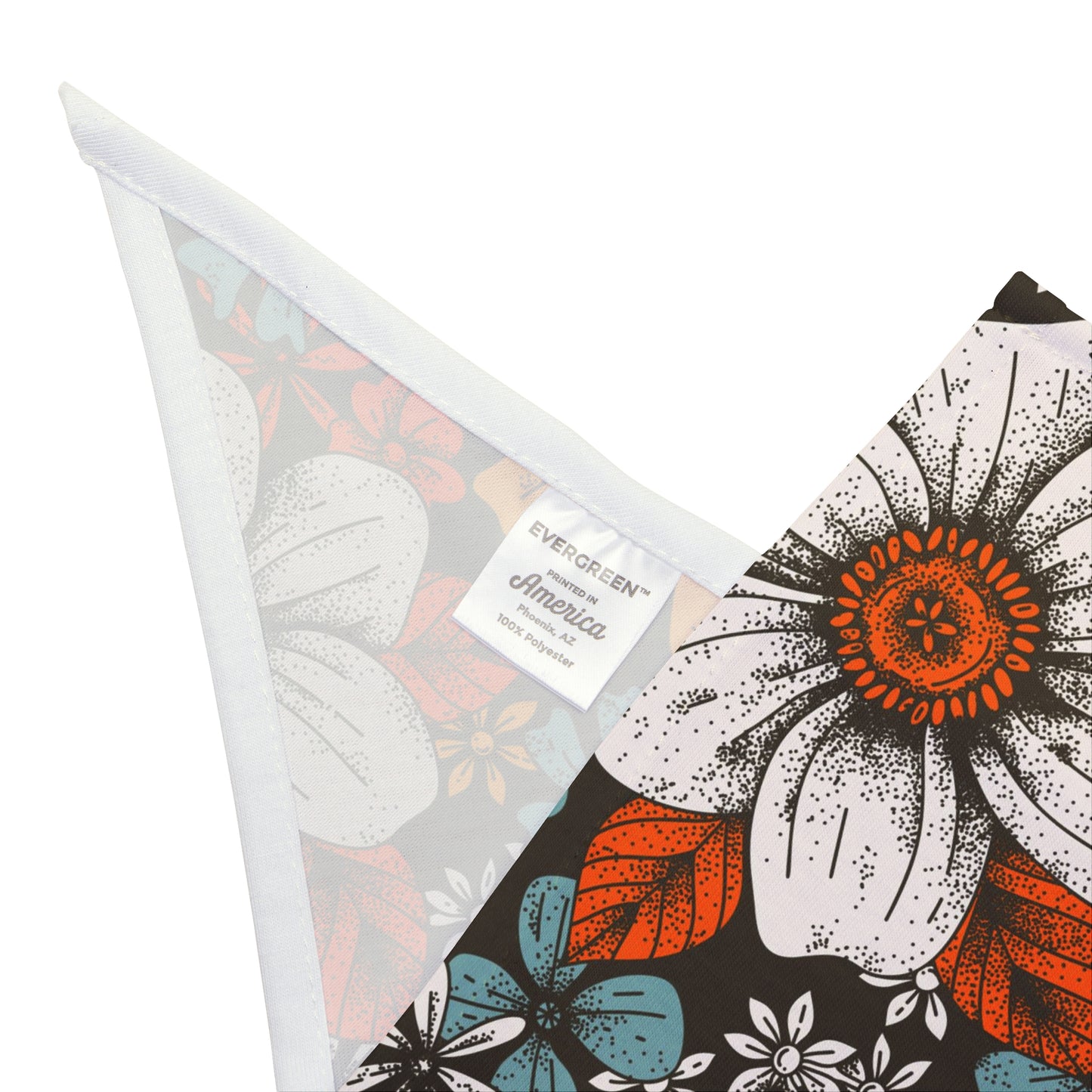 Transform your dog's look with our Illustrated Blooms Dog Bandana/Wild Rag. The illustration-style flowers in white, mustard, turquoise, and red on a black background create a captivating and artistic vibe. Crafted from soft-spun polyester, this wild rag ensures comfort and style. Elevate your pup's fashion game with this exclusive design, available only at Eliza Singer.