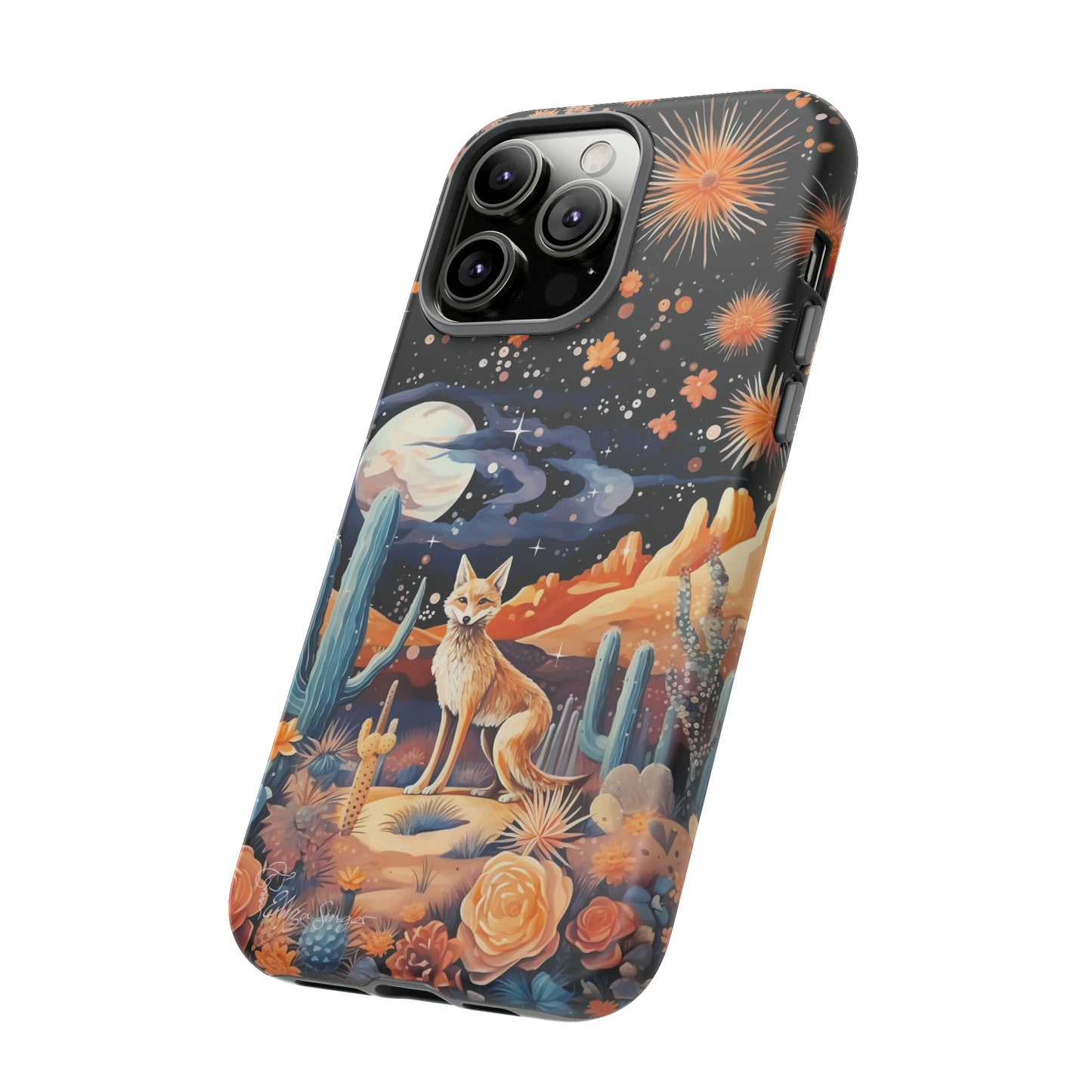 Introducing our Tough Western Cell Phone Case: Midnight Mirage Jackal Edition! Dive into the mysterious desert night with a striking depiction of a jackal, cacti, and a starry sky. This design offers the ideal combination of durability and desert charm.