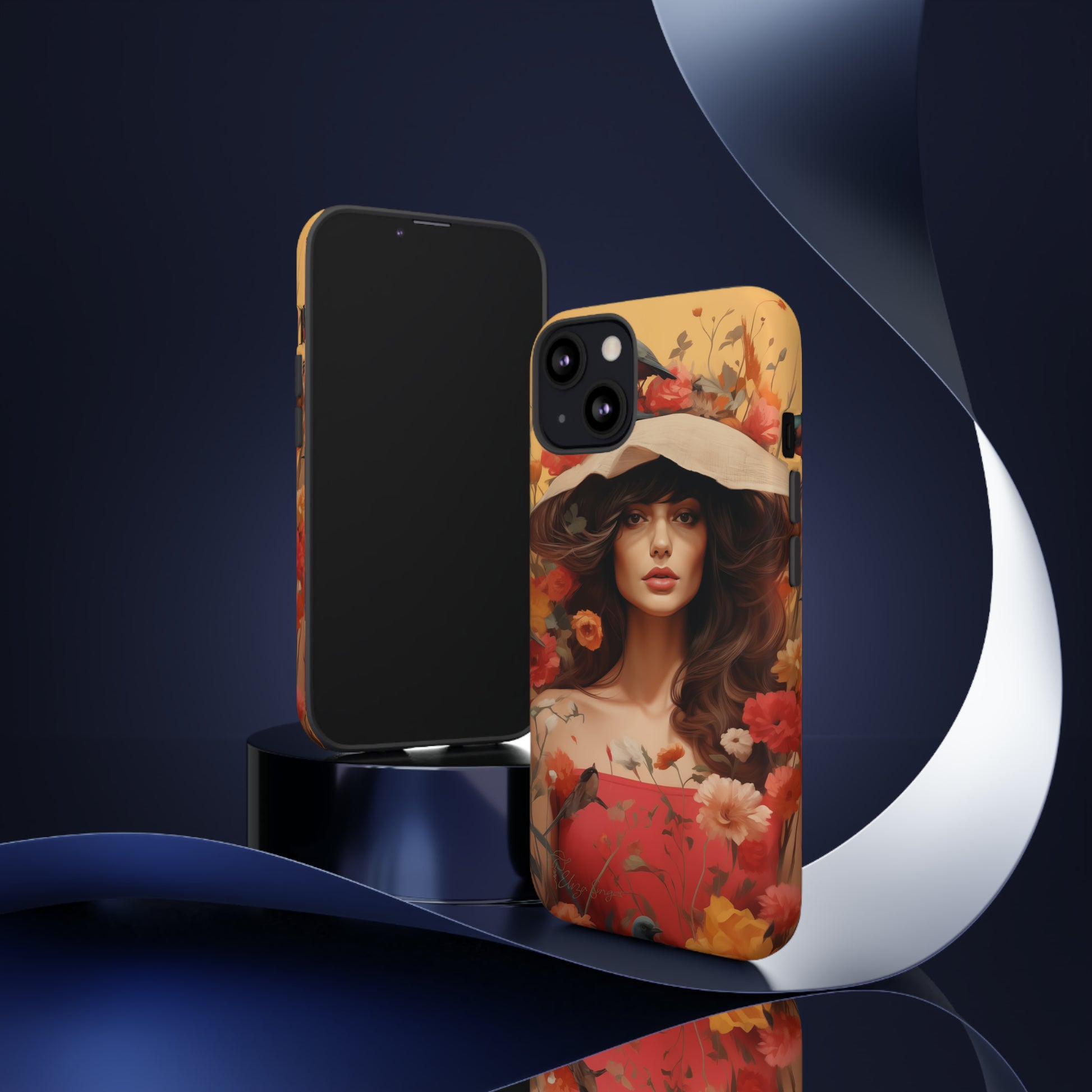 Bask in Sunshine: Embrace the warmth with our Tough Cell Phone Case. A yellow backdrop and a woman in a hat surrounded by flowers create a radiant design. Experience the perfect blend of style and protection, bringing sunshine into your everyday. Elevate your phone with a burst of brightness. #ElizaSinger #PhoneCase #SunshineRadiance