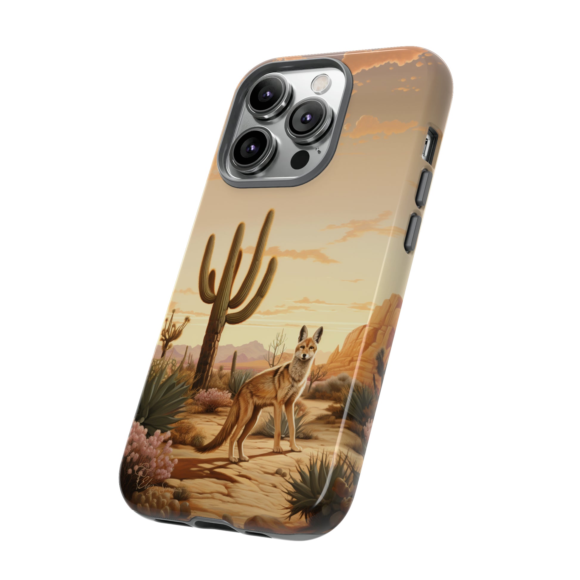 Unveiling our Western Tough Cell Phone Case: Dusk Jackal Oasis Edition! Witness the beauty of dusk with a jackal in a desert landscape next to a cactus. This design offers both rugged protection and a touch of twilight elegance.
