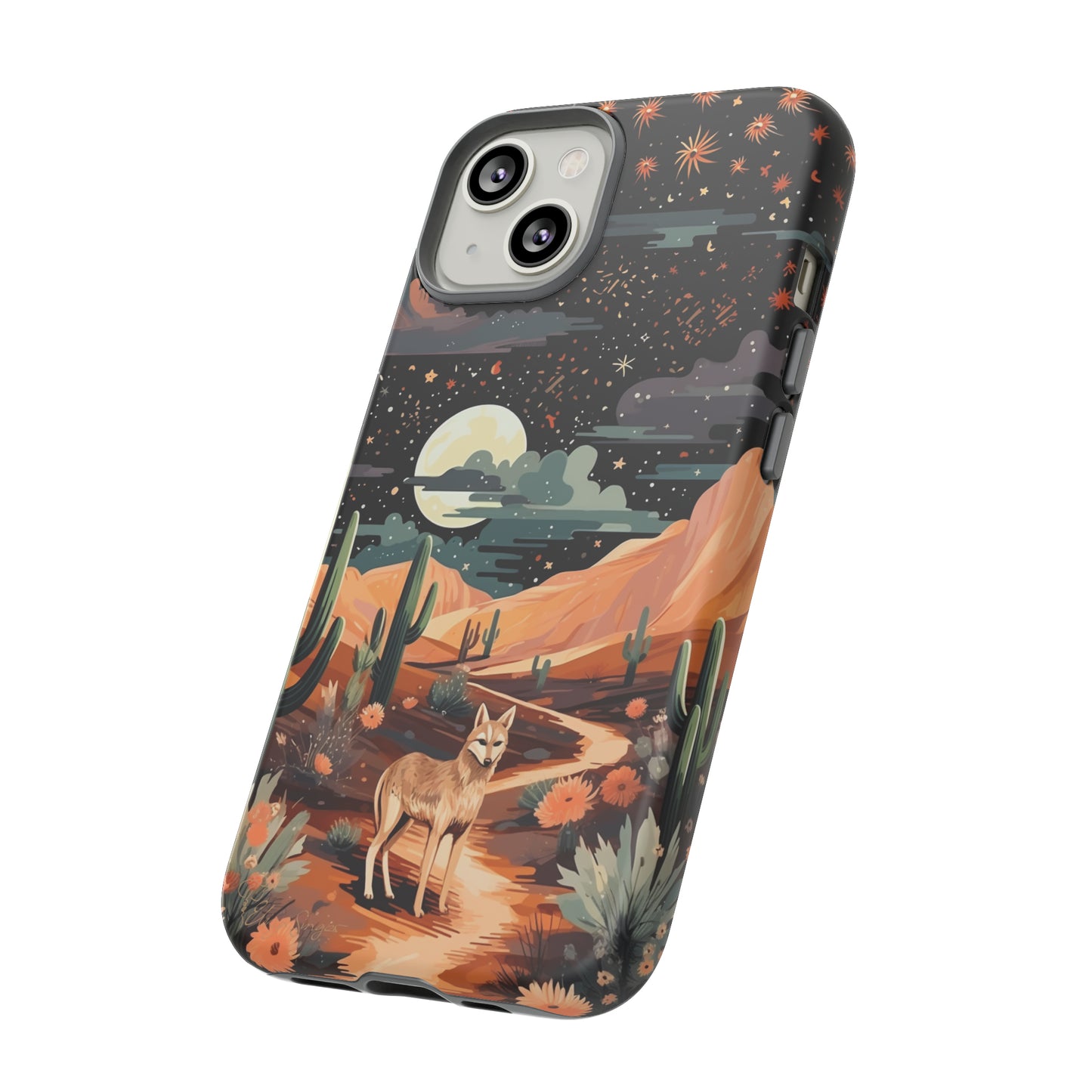Unveiling our Tough Western Cell Phone Case: Stellar Desert Jackal Edition! Embrace the beauty of the night with a jackal in a desert landscape, under a starry sky, surrounded by cacti. This case provides rugged protection with a touch of celestial elegance.