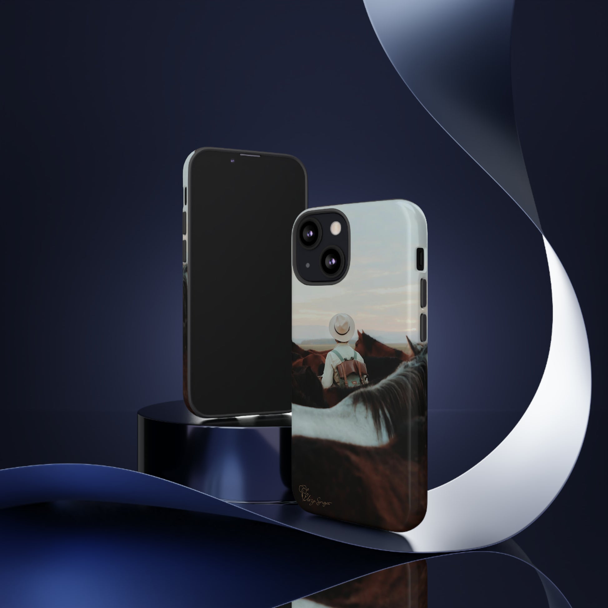 Ride into the Wild: Horse Art Western Photo Yellowstone Design iPhone Tough Protective Cover. Featuring a Cowboy amidst Mountains and Buckskin hues. Compatible with iPhone 15, 14, 13, XS, XR Pro/Max/Mini/P/Plus. Embrace the Spirit of the West with Style and Durability. #ElizaSinger #PhoneCase #WesternDesign