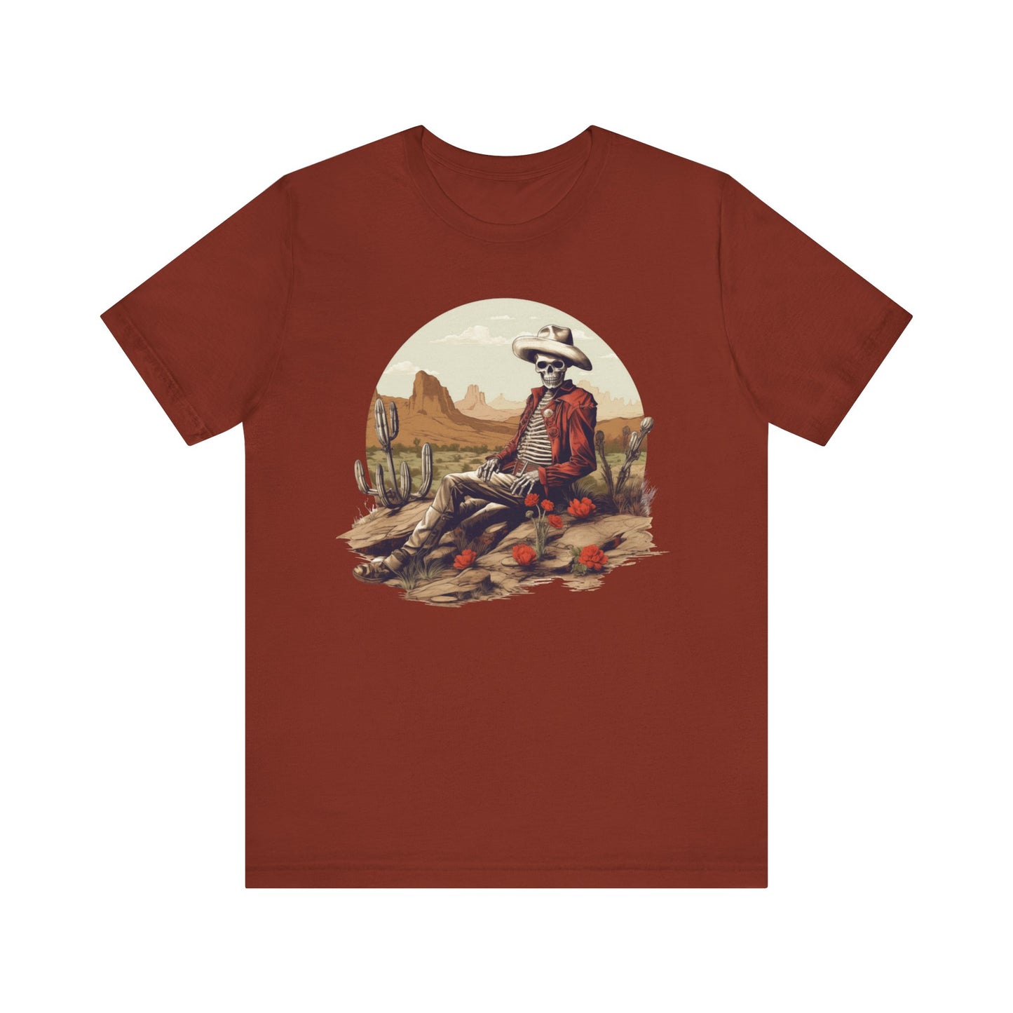 Skeleton Cowboy in Desert: Red Blazer Bella Canvas T-shirt