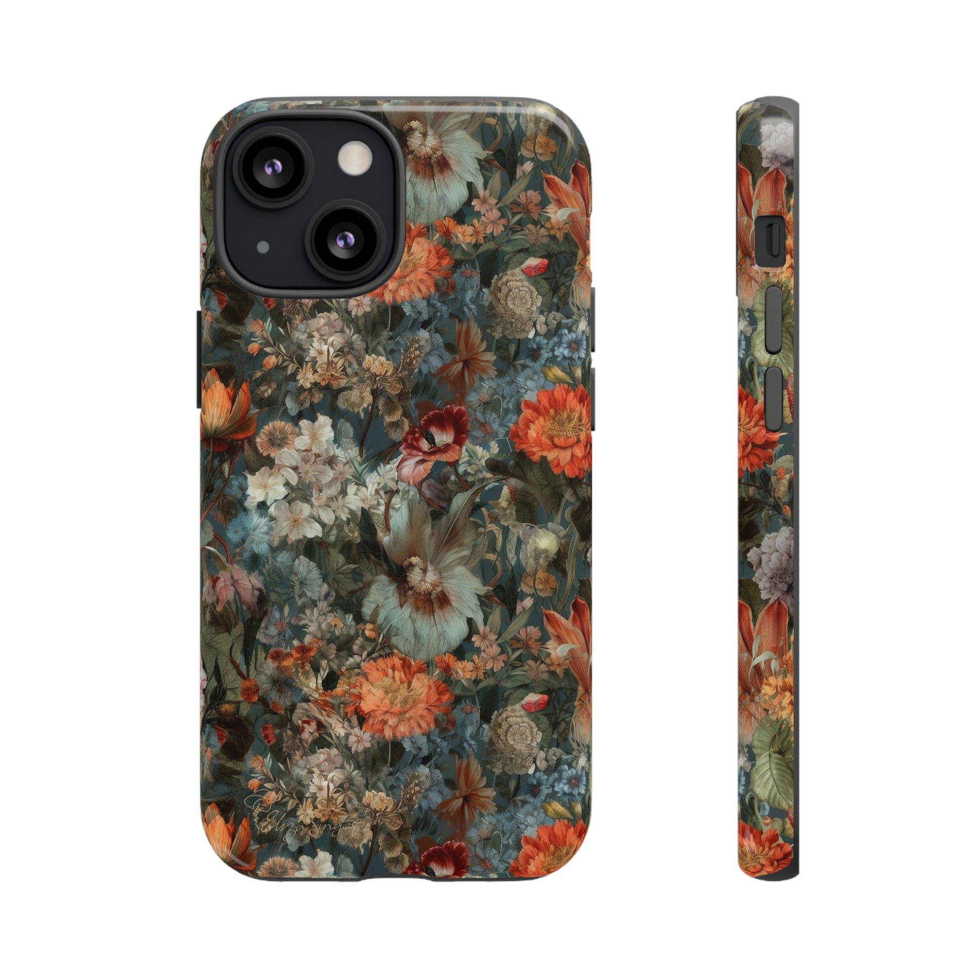 Blooms in Shadows: Botany Floral Dark Flowers iPhone Tough Protective Cover. A captivating blend of Flowers in muted colors, compatible with iPhone 15, 14, 13, XS, XR Pro/Max/Mini/P/Plus. Unleash Nature's Elegance with Durability and Style. #ElizaSinger #PhoneCase #FloralDesign