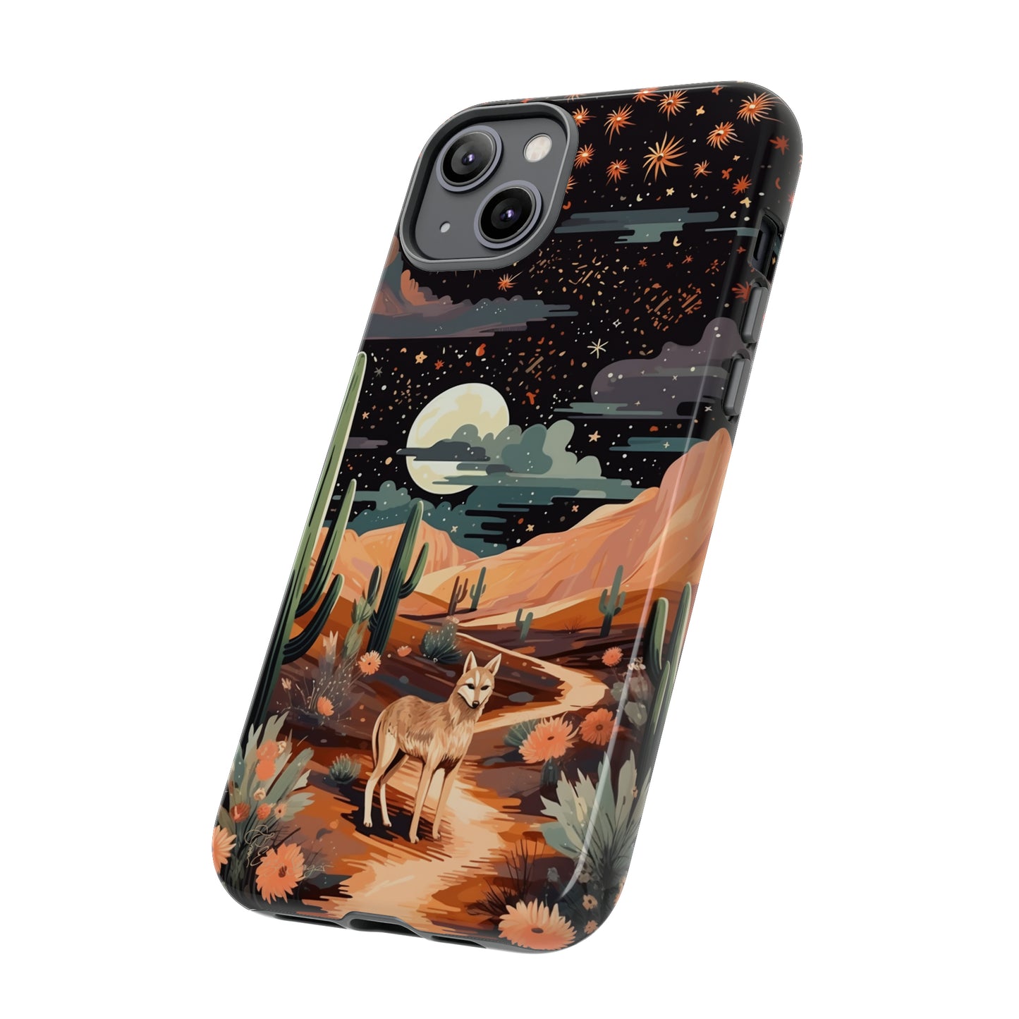 Introducing our Tough Western Cell Phone Case: Twilight Desert Jackal Remix Edition! A variation of our popular design, this edition features a jackal in a desert landscape with a starry night sky and cacti. Get ready for a unique twist on classic rugged protection.