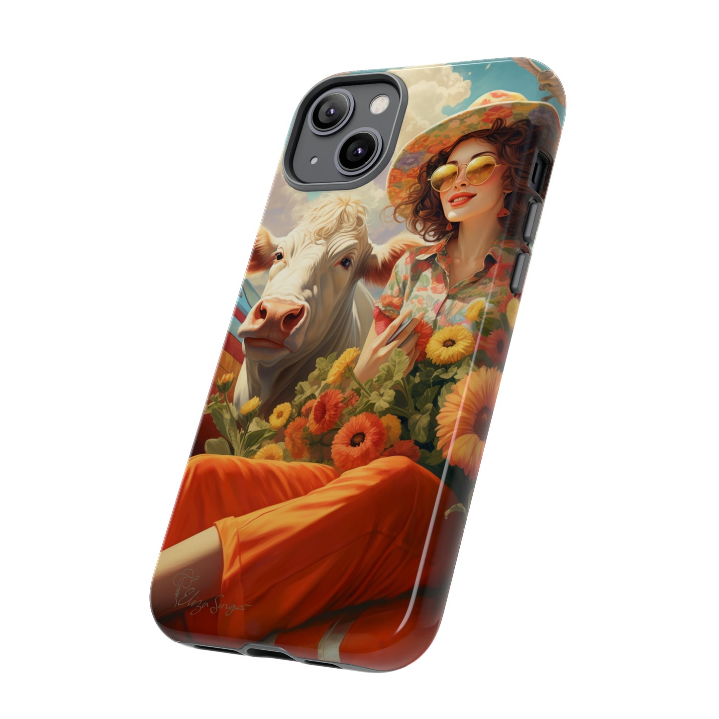 Timeless Retro Charm: Step back in time with our Tough Western Cell Phone Case. Featuring a vintage and bright design, a woman in a hat with daisies is accompanied by a cow looking over her shoulder. Experience the perfect blend of retro aesthetics and durability. Elevate your style with a touch of nostalgia. #ElizaSinger #PhoneCase #RetroStyle 