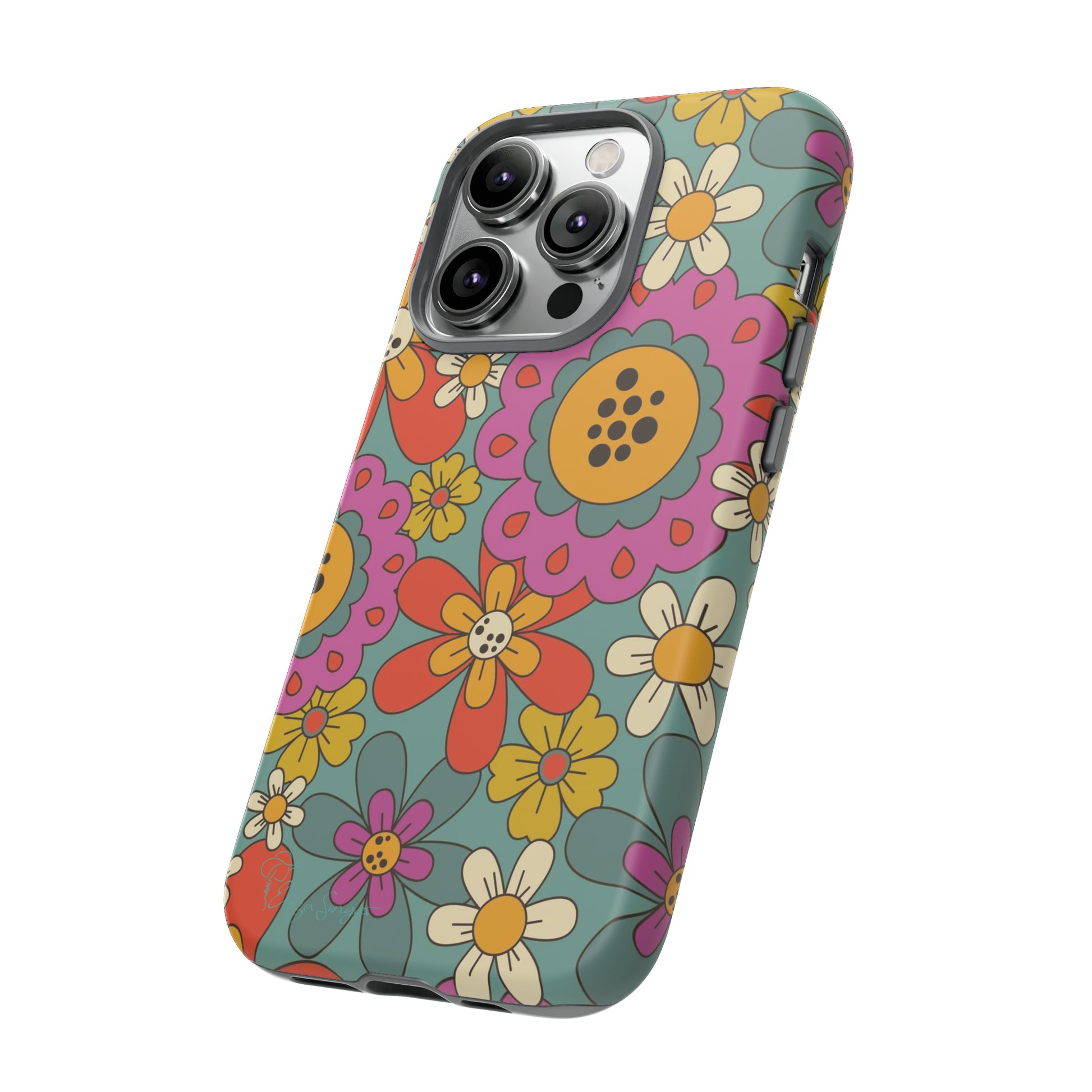 Step into the Groove: Groovy Hippie Hippy Design iPhone Tough Protective Cover. A nod to the 60's with Daisy Design in Turquoise and Pink. Compatible with iPhone 15, 14, 13, XS, XR Pro/Max/Mini/P/Plus. Embrace Retro Vibes with Style and Durability. #ElizaSinger #PhoneCase #GroovyDesign 