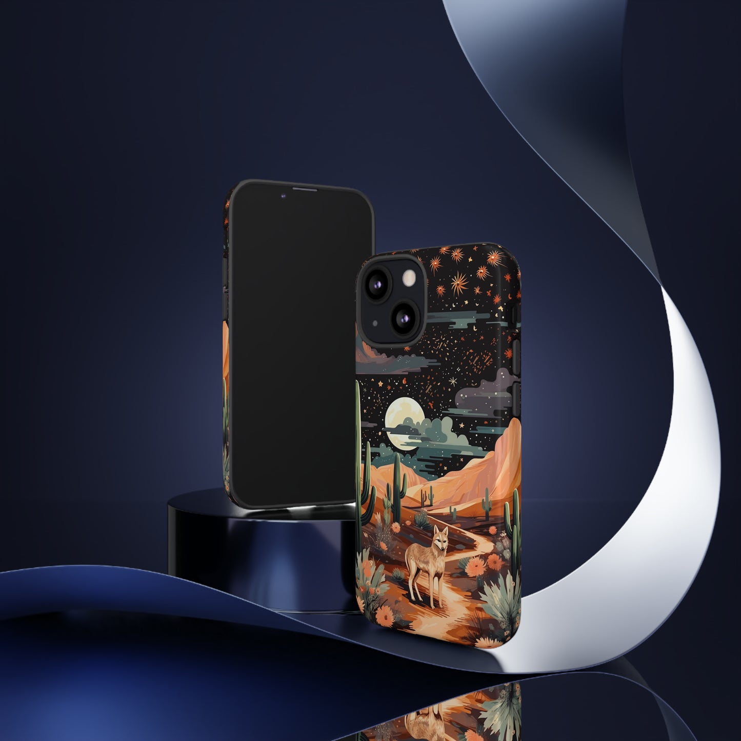 Introducing our Tough Western Cell Phone Case: Twilight Desert Jackal Remix Edition! A variation of our popular design, this edition features a jackal in a desert landscape with a starry night sky and cacti. Get ready for a unique twist on classic rugged protection.