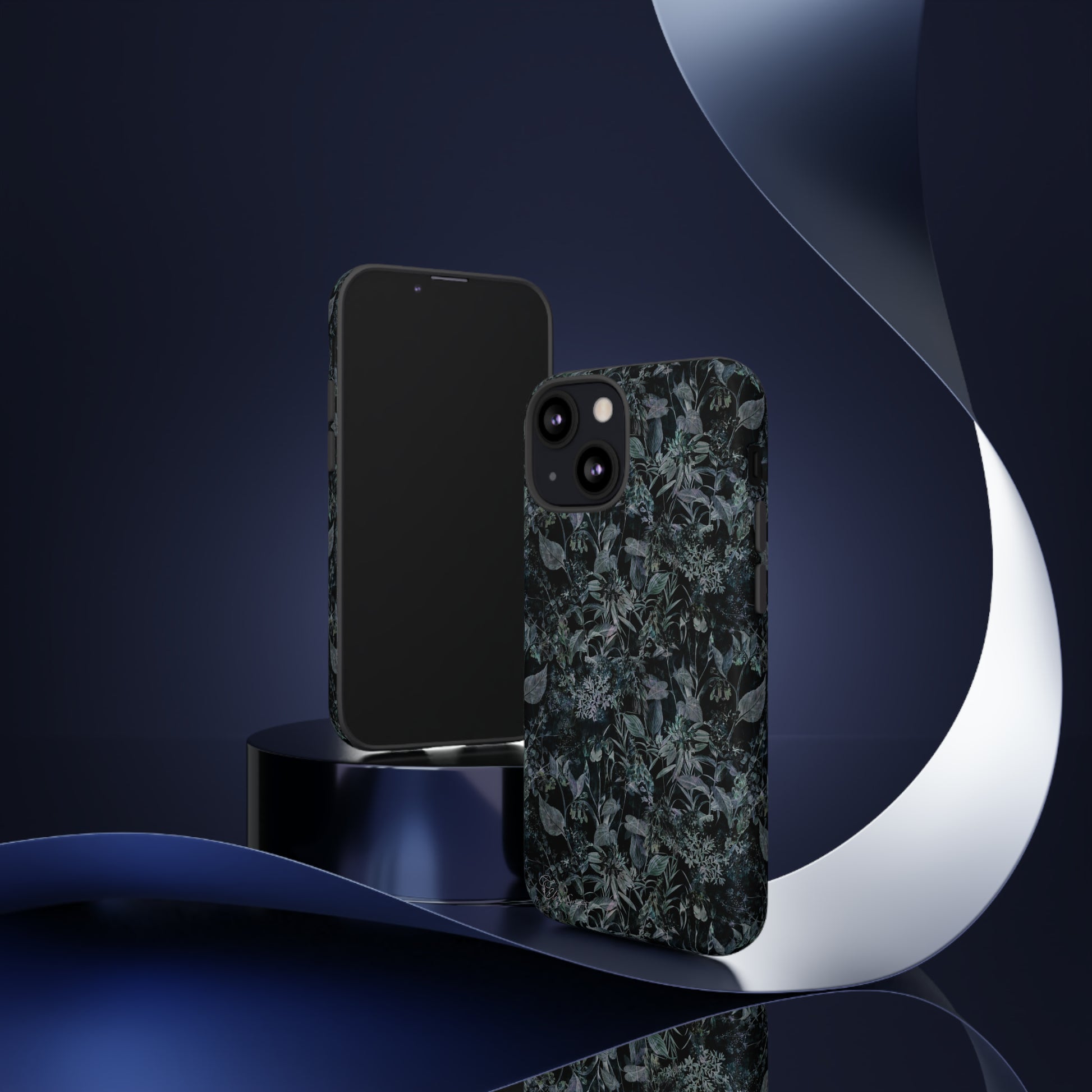 Blossom in Style: Botany Floral Dark Flowers Blue Denim iPhone Tough Protective Cover. This case features a Flower and Muted Grey Design, compatible with iPhone 15, 14, 13, XS, XR Pro/Max/Mini/P/Plus. Unleash Nature's Beauty with Style and Durability. #ElizaSinger #PhoneCase #FloralDesign
