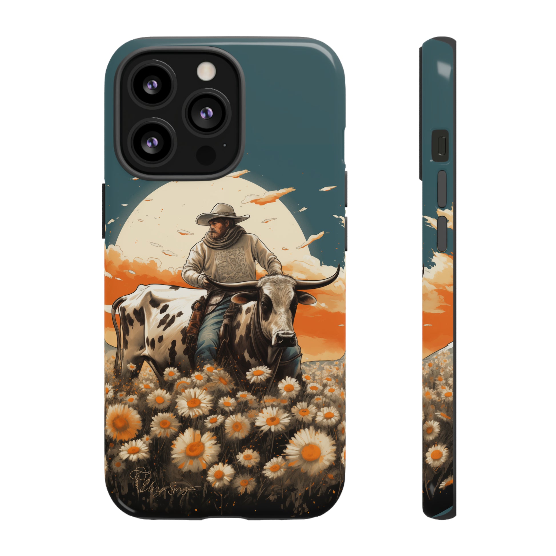 Harmony of Contrasts: Dive into our Tough Cell Phone Case, a visual symphony featuring a bullrider on a black and white dairy cow amidst a vibrant field of flowers. This edition effortlessly merges toughness with artistic flair, offering a unique and captivating contrast. Elevate your phone with rugged elegance. #ElizaSinger #PhoneCase #ContrastHarmony