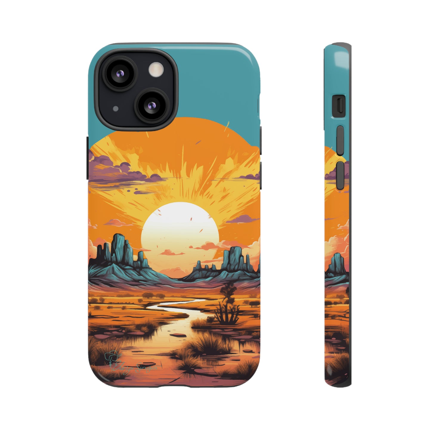 Introducing our Tough Western Cell Phone Case: Turquoise Twilight Oasis Edition! This captivating design showcases a serene landscape with a turquoise background and a mesmerizing setting sun. Enjoy the perfect blend of rugged protection and artistic flair.