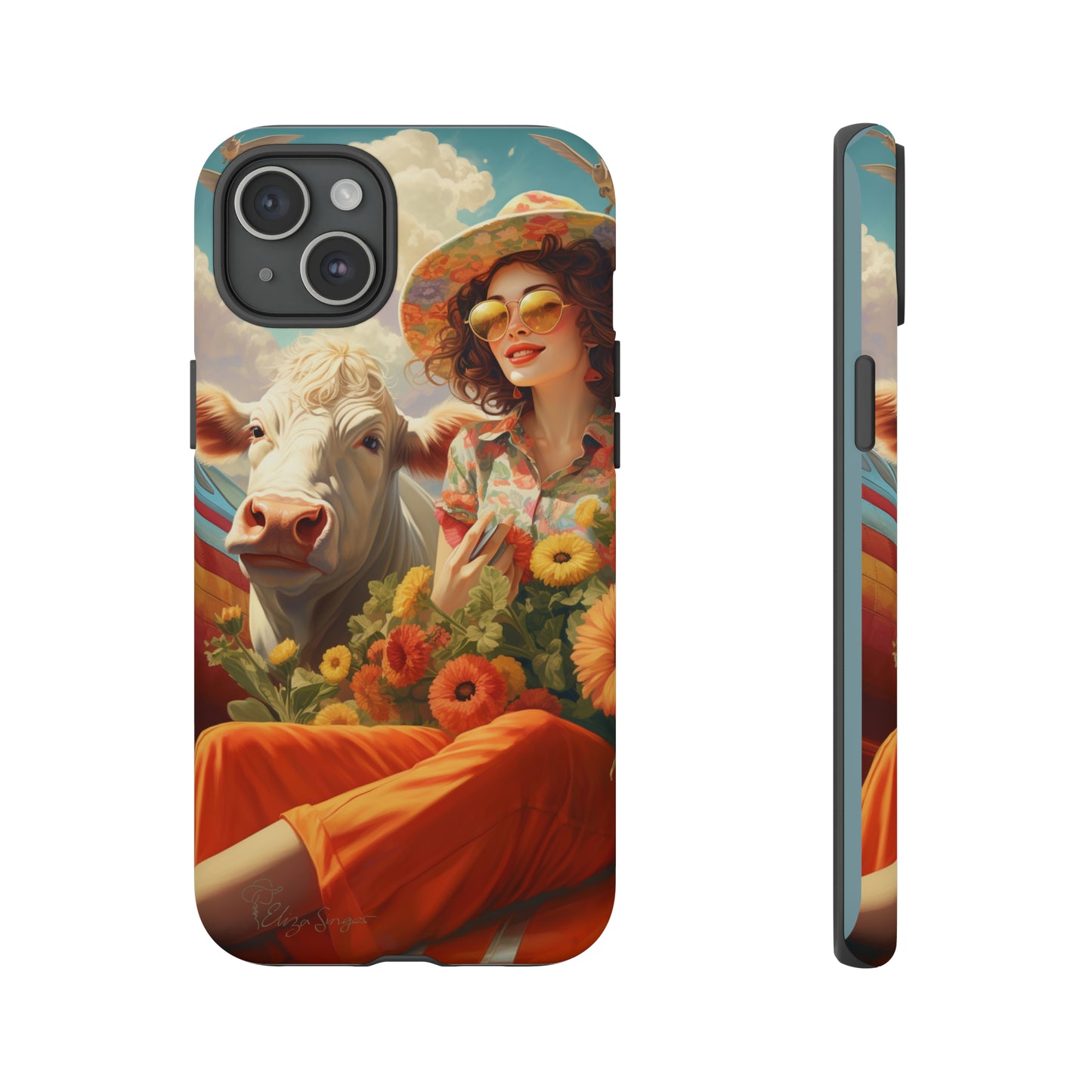 Timeless Retro Charm: Step back in time with our Tough Western Cell Phone Case. Featuring a vintage and bright design, a woman in a hat with daisies is accompanied by a cow looking over her shoulder. Experience the perfect blend of retro aesthetics and durability. Elevate your style with a touch of nostalgia. #ElizaSinger #PhoneCase #RetroStyle 