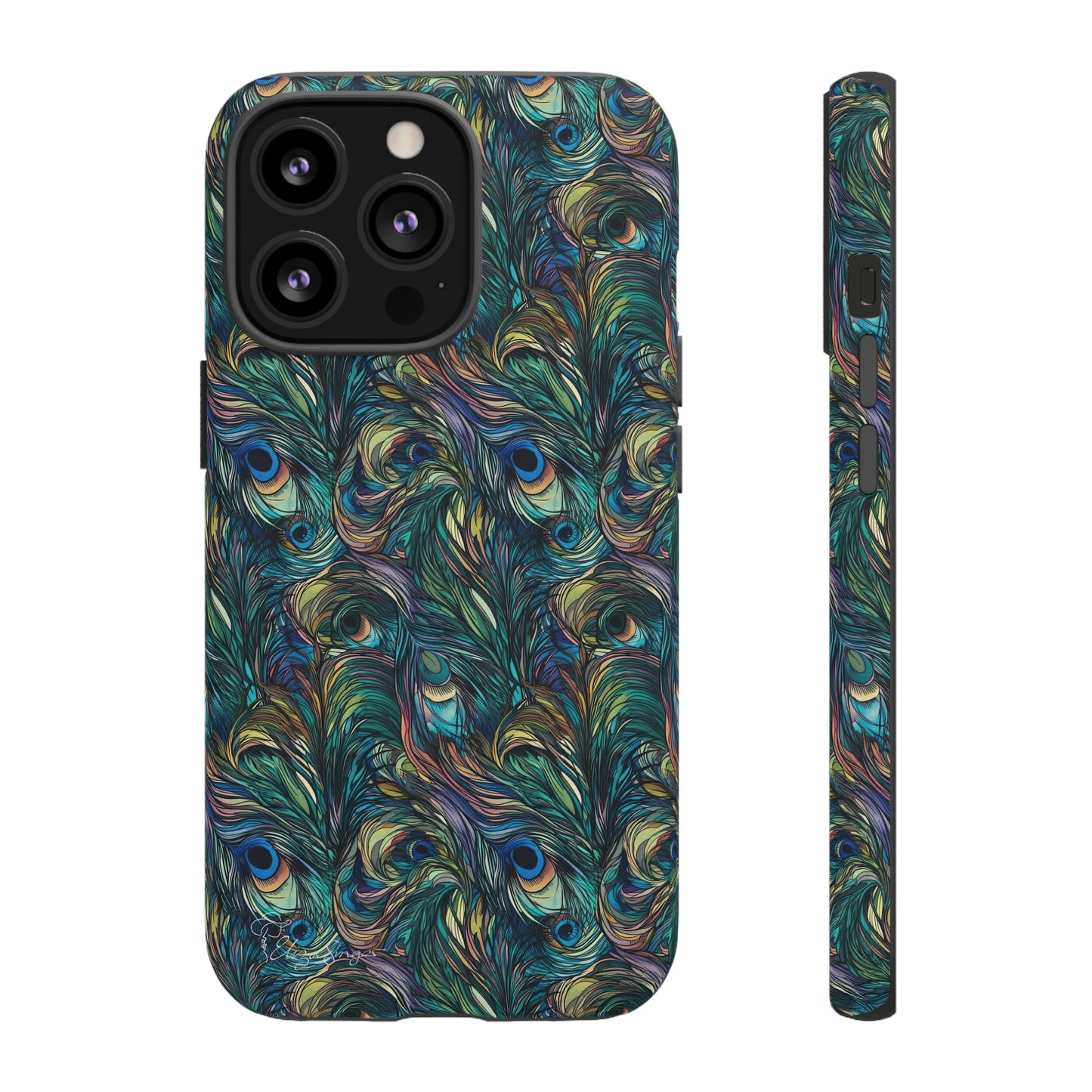 Feathered Elegance: Boho Feather Peacock Vibrant Art iPhone Tough Protective Cover. Adorned with Turquoise Feathers, compatible with iPhone 15, 14, 13, XS, XR Pro/Max/Mini/P/Plus. Embrace Bohemian Vibes with Style and Durability. #ElizaSinger #PhoneCase #BohoFeathers