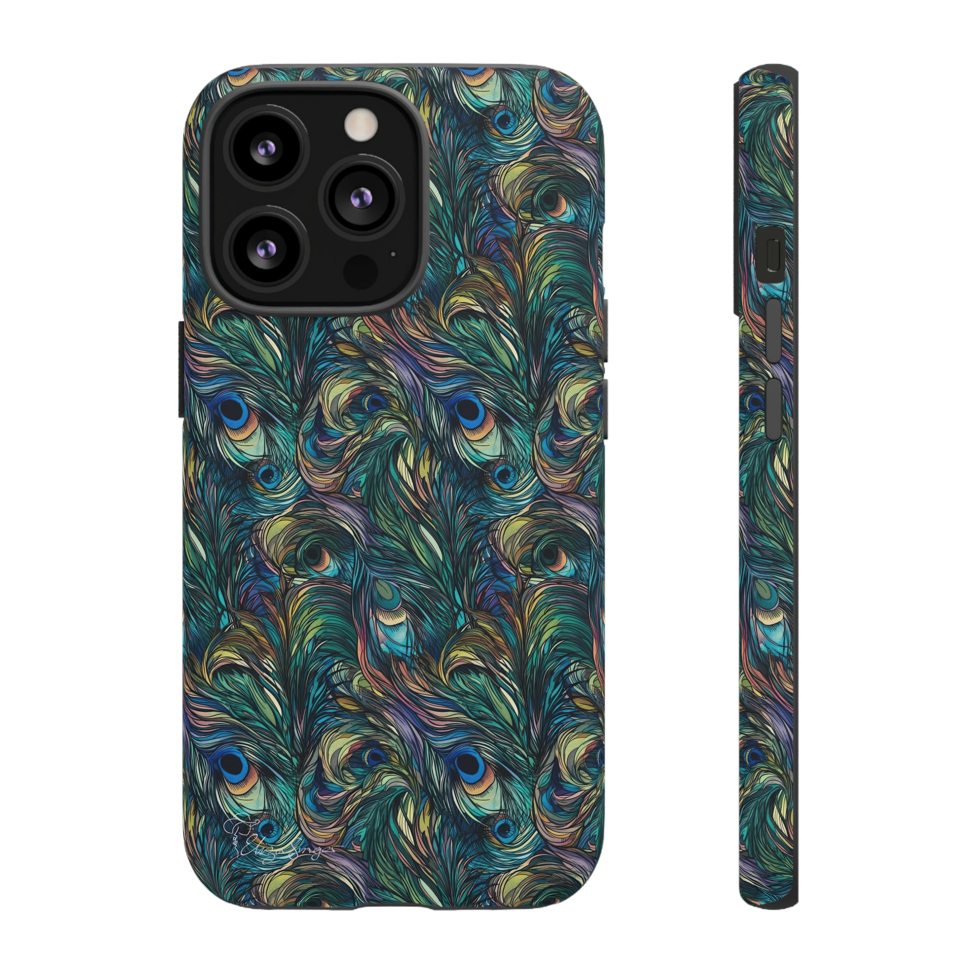 Feathered Elegance: Boho Feather Peacock Vibrant Art iPhone Tough Protective Cover. Adorned with Turquoise Feathers, compatible with iPhone 15, 14, 13, XS, XR Pro/Max/Mini/P/Plus. Embrace Bohemian Vibes with Style and Durability. #ElizaSinger #PhoneCase #BohoFeathers