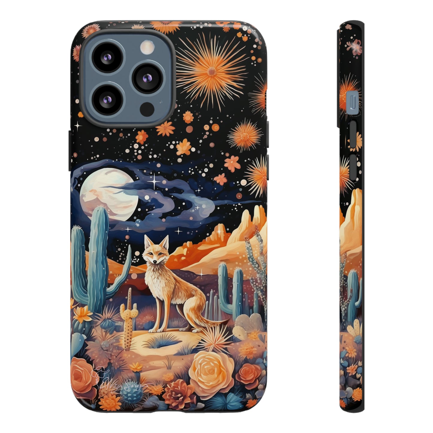 Introducing our Tough Western Cell Phone Case: Midnight Mirage Jackal Edition! Dive into the mysterious desert night with a striking depiction of a jackal, cacti, and a starry sky. This design offers the ideal combination of durability and desert charm.