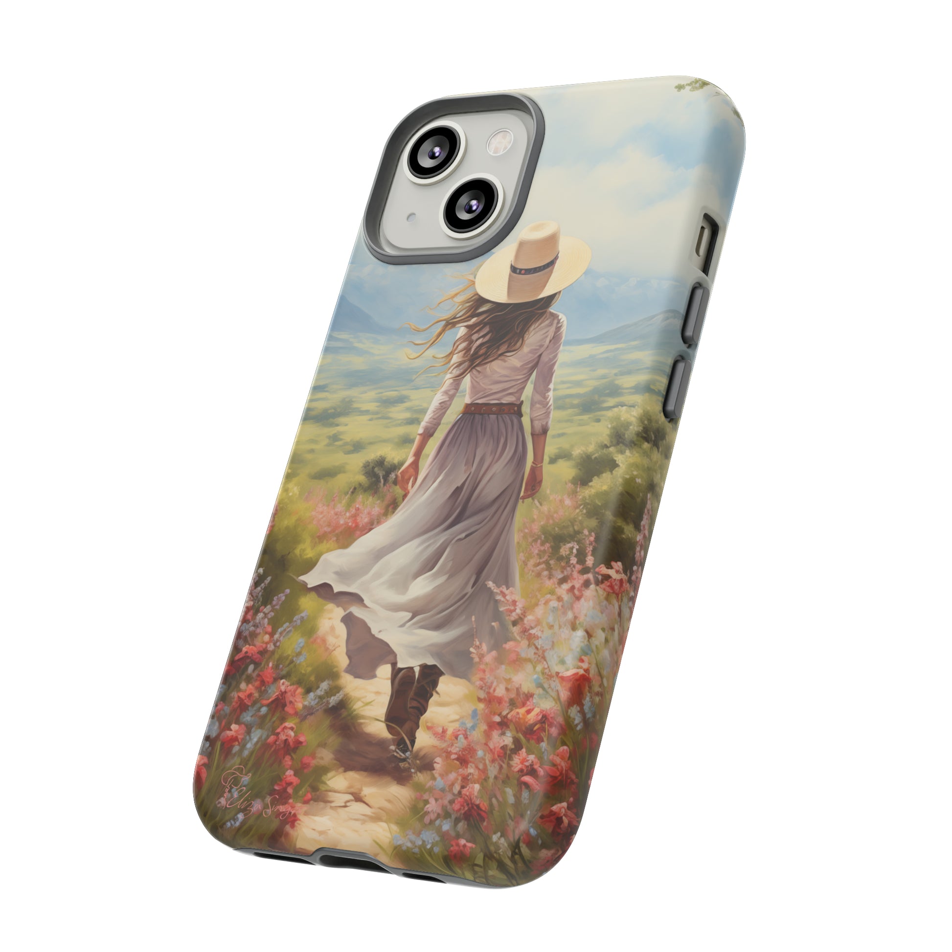 Embrace Whimsical Protection: Tough Western Cell Phone Case by Eliza Singer. Step into a World of Enchantment with a Stylish Woman Amidst Nature's Beauty. Safeguard Your Phone with Artistic Charm. #ElizaSinger #PhoneCase #WesternStyle 