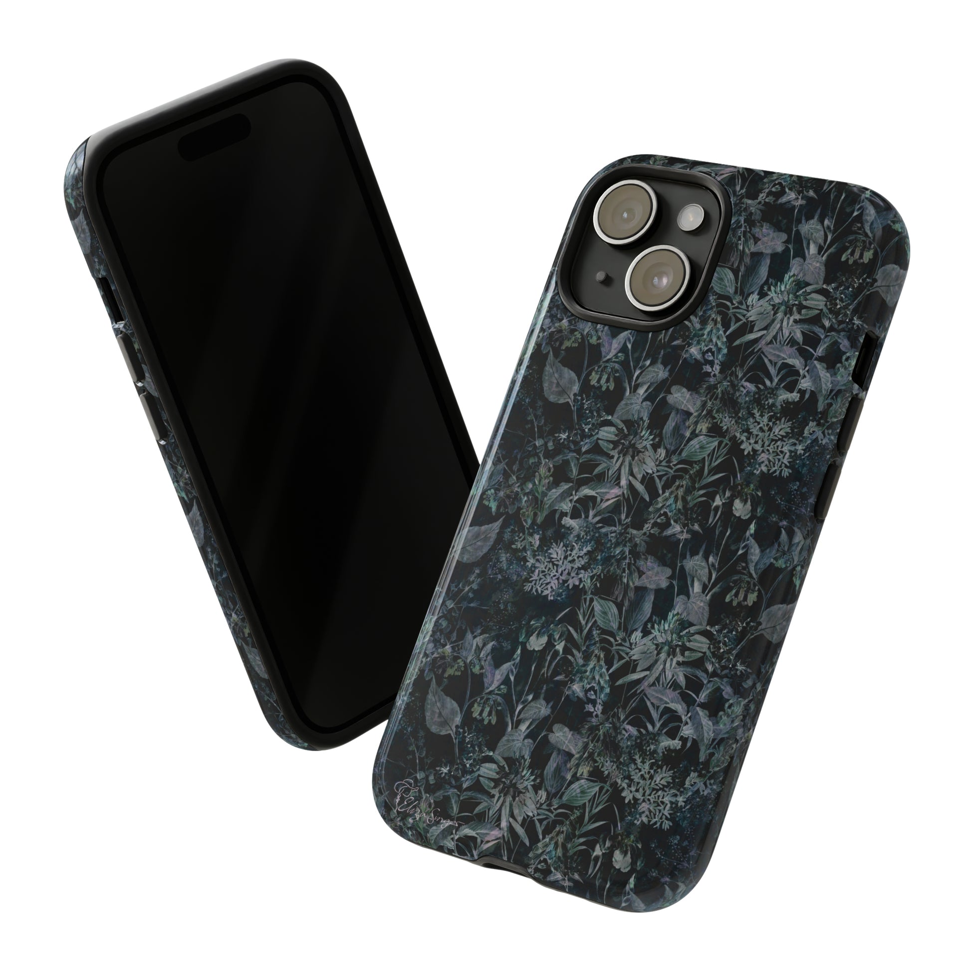 Blossom in Style: Botany Floral Dark Flowers Blue Denim iPhone Tough Protective Cover. This case features a Flower and Muted Grey Design, compatible with iPhone 15, 14, 13, XS, XR Pro/Max/Mini/P/Plus. Unleash Nature's Beauty with Style and Durability. #ElizaSinger #PhoneCase #FloralDesign