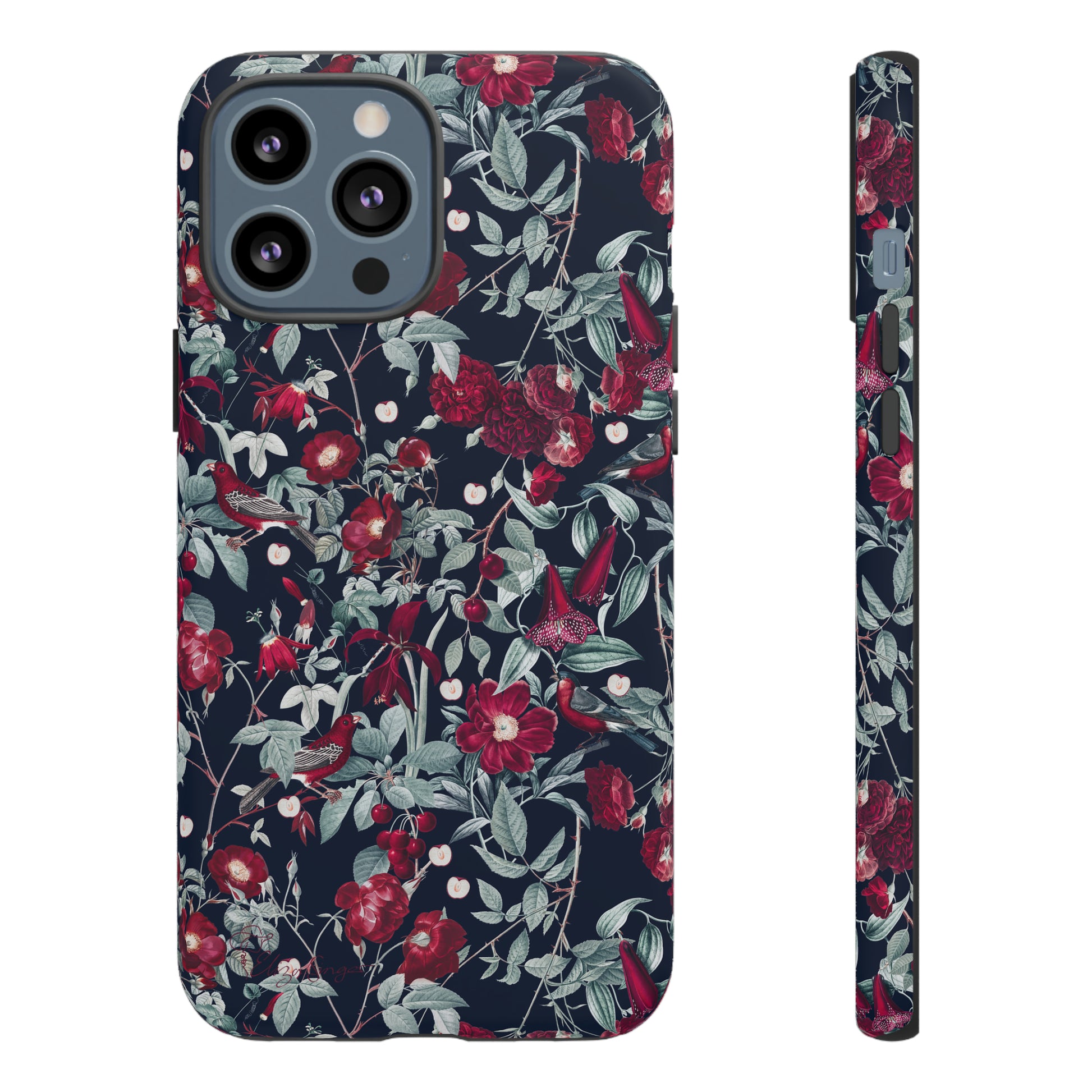 Blossom Serenade: Cherry Blossom Serenade Burgundy Navy Dark iPhone Tough Protective Cover. A captivating blend of Flowers in burgundy and navy hues, featuring a muted design. Compatible with iPhone 15, 14, 13, XS, XR Pro/Max/Mini/P/Plus. Elevate your device with this enchanting and stylish protective cover. #ElizaSinger #PhoneCase #FloralDesign