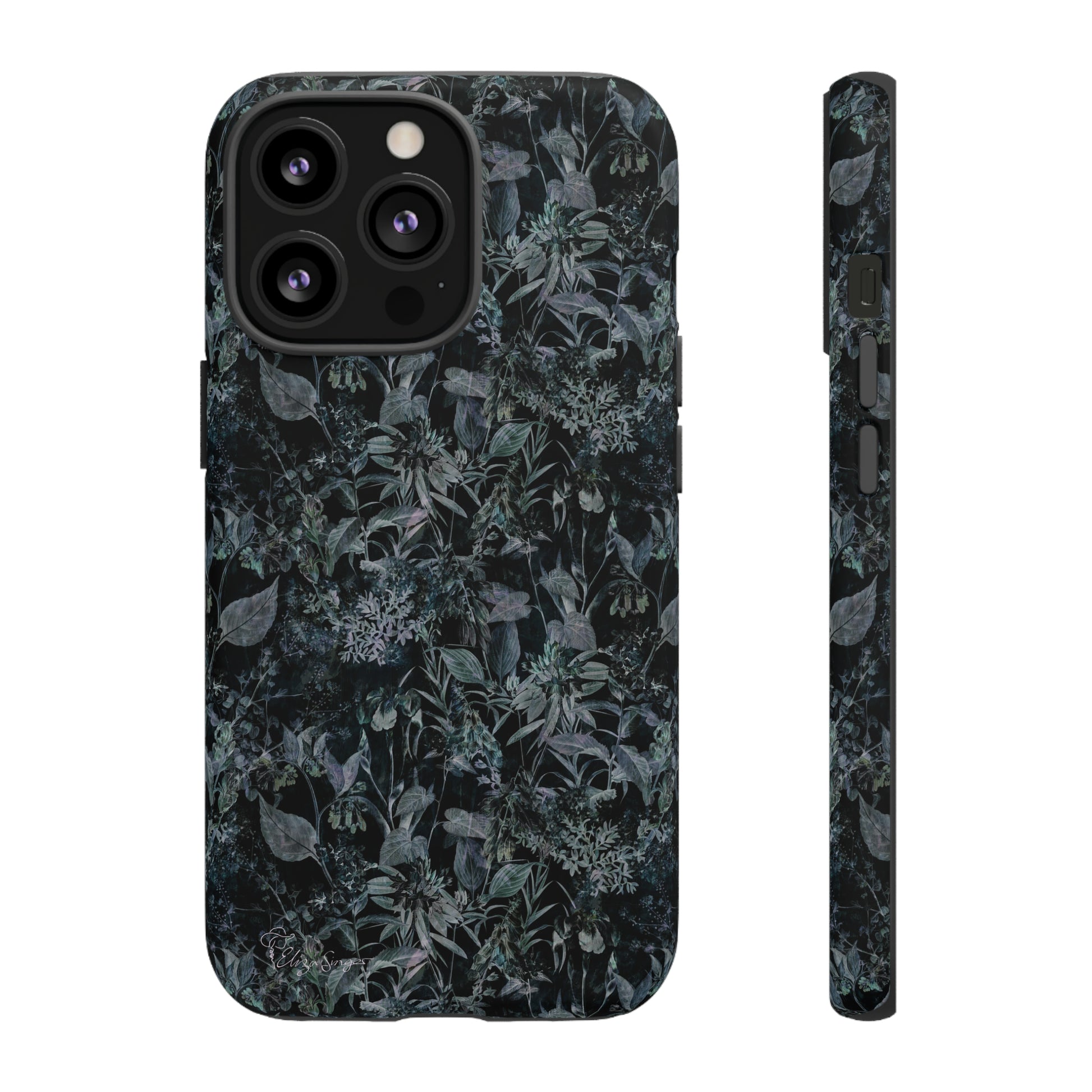 Blossom in Style: Botany Floral Dark Flowers Blue Denim iPhone Tough Protective Cover. This case features a Flower and Muted Grey Design, compatible with iPhone 15, 14, 13, XS, XR Pro/Max/Mini/P/Plus. Unleash Nature's Beauty with Style and Durability. #ElizaSinger #PhoneCase #FloralDesign