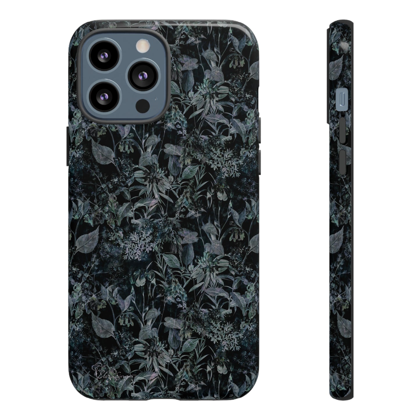 Blossom in Style: Botany Floral Dark Flowers Blue Denim iPhone Tough Protective Cover. This case features a Flower and Muted Grey Design, compatible with iPhone 15, 14, 13, XS, XR Pro/Max/Mini/P/Plus. Unleash Nature's Beauty with Style and Durability. #ElizaSinger #PhoneCase #FloralDesign