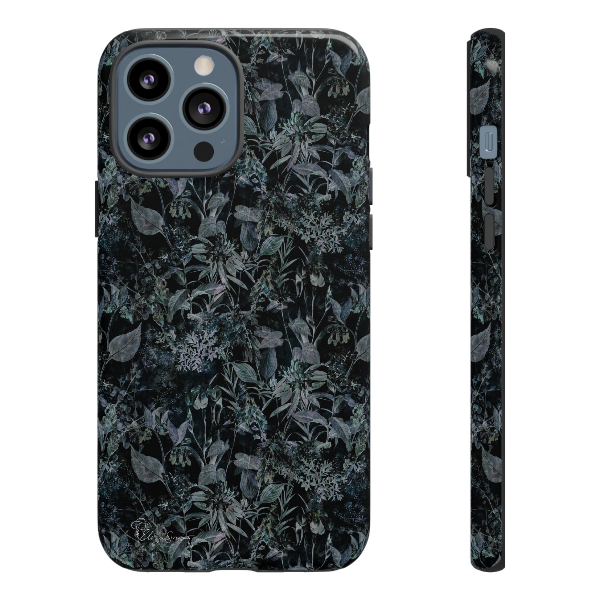 Blossom in Style: Botany Floral Dark Flowers Blue Denim iPhone Tough Protective Cover. This case features a Flower and Muted Grey Design, compatible with iPhone 15, 14, 13, XS, XR Pro/Max/Mini/P/Plus. Unleash Nature's Beauty with Style and Durability. #ElizaSinger #PhoneCase #FloralDesign