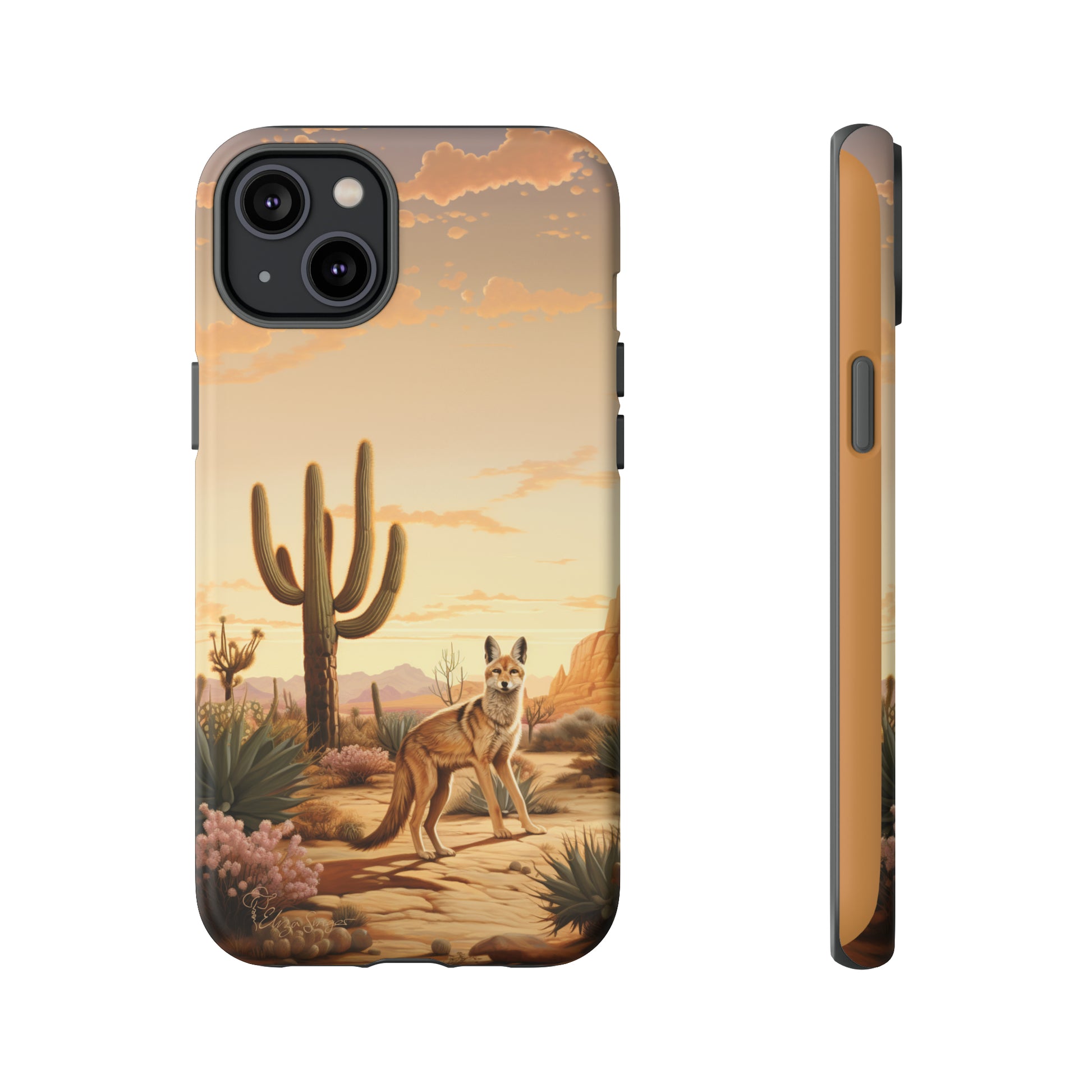 Unveiling our Western Tough Cell Phone Case: Dusk Jackal Oasis Edition! Witness the beauty of dusk with a jackal in a desert landscape next to a cactus. This design offers both rugged protection and a touch of twilight elegance.