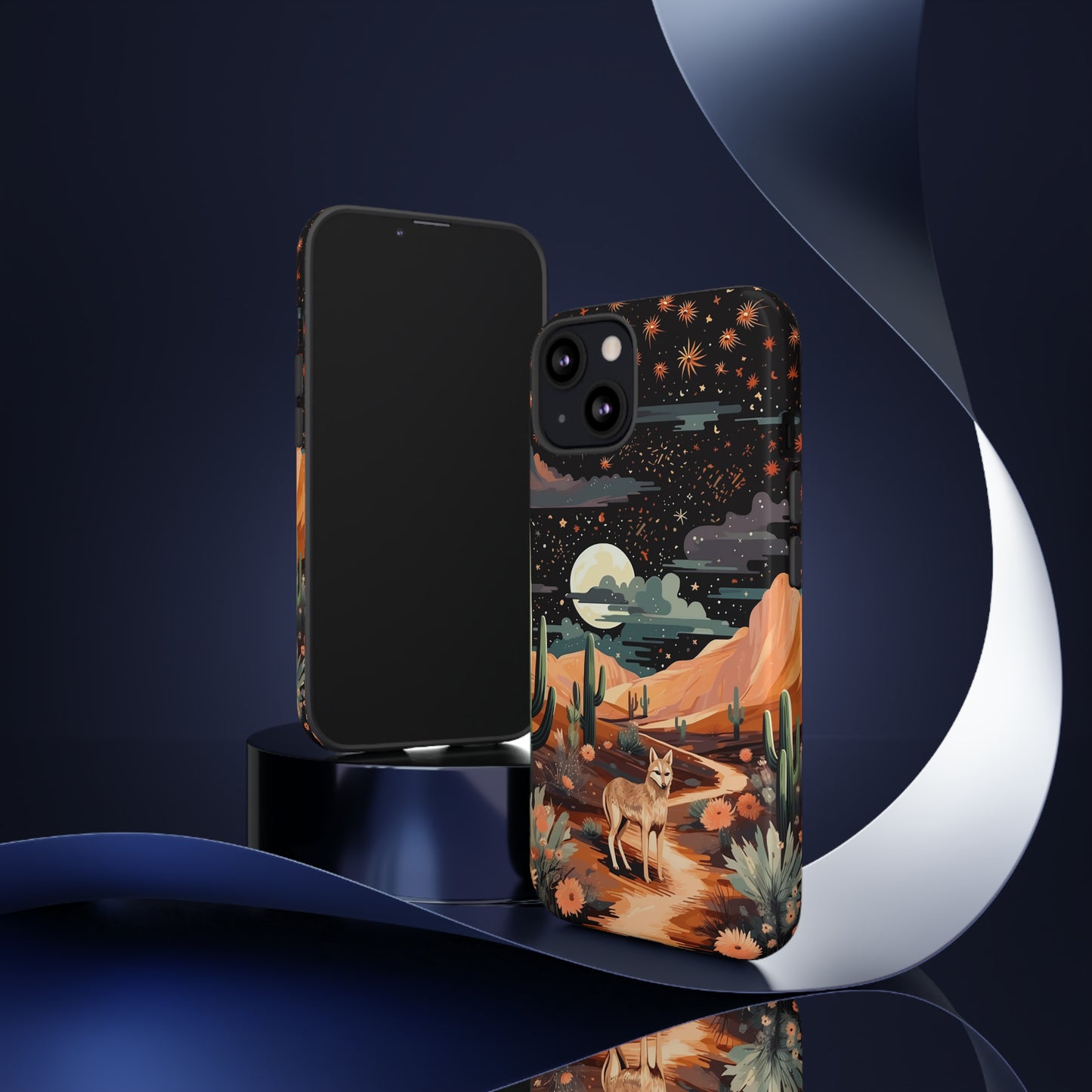 Unveiling our Tough Western Cell Phone Case: Stellar Desert Jackal Edition! Embrace the beauty of the night with a jackal in a desert landscape, under a starry sky, surrounded by cacti. This case provides rugged protection with a touch of celestial elegance.