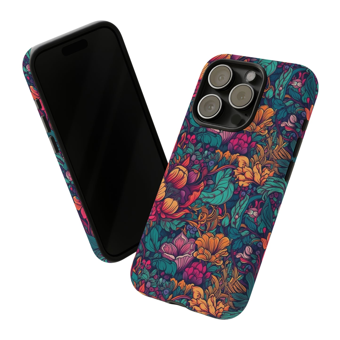 Vibrant Boho Blossoms: iPhone Tough Protective Cover. Featuring a bright abstract floral design, this case adds a touch of Bohemian flair. Compatible with iPhone 15, 14, 13, XS, XR Pro/Max/Mini/P/Plus. Embrace Boho Chic with Style and Durability. #ElizaSinger #PhoneCase #FloralDesign