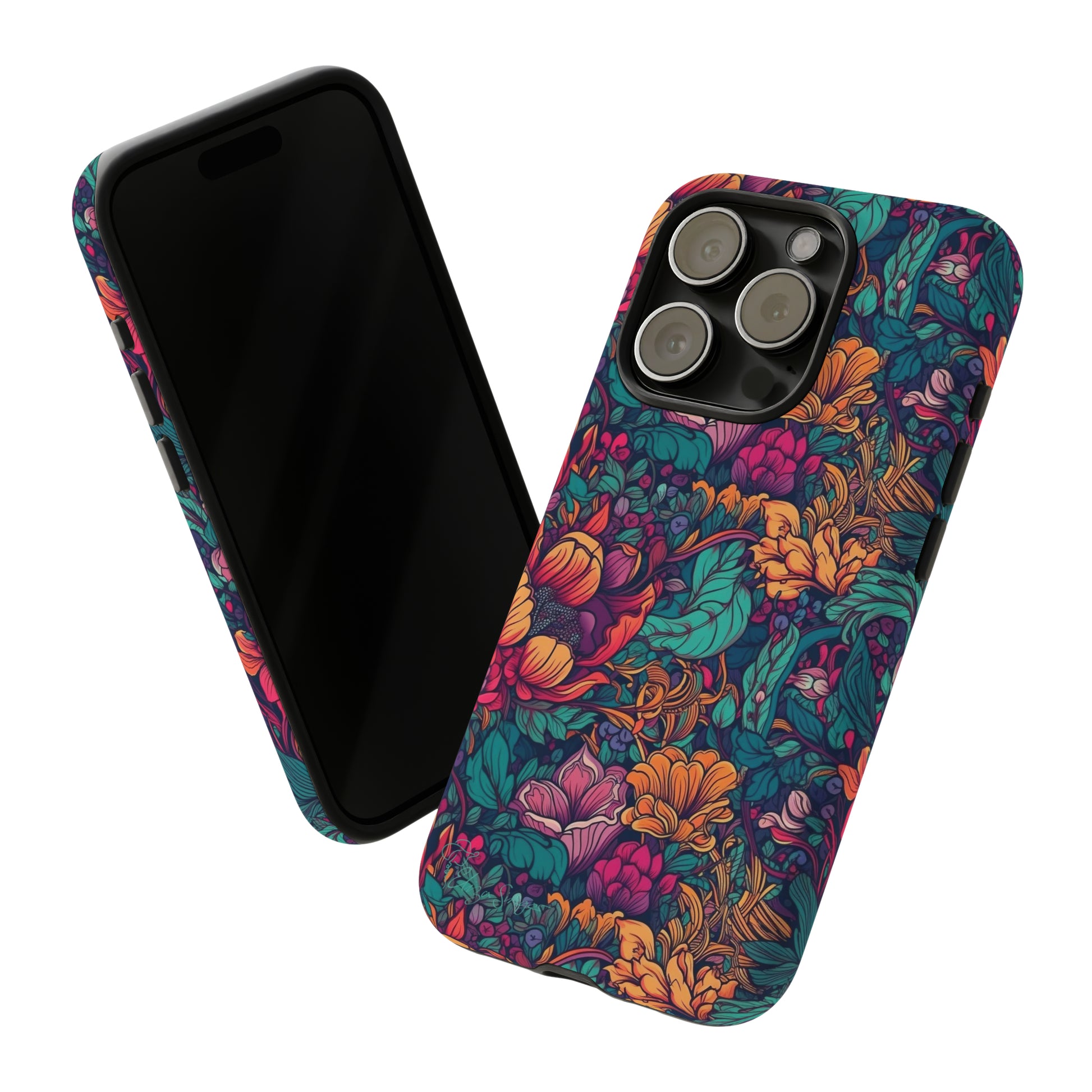 Vibrant Boho Blossoms: iPhone Tough Protective Cover. Featuring a bright abstract floral design, this case adds a touch of Bohemian flair. Compatible with iPhone 15, 14, 13, XS, XR Pro/Max/Mini/P/Plus. Embrace Boho Chic with Style and Durability. #ElizaSinger #PhoneCase #FloralDesign