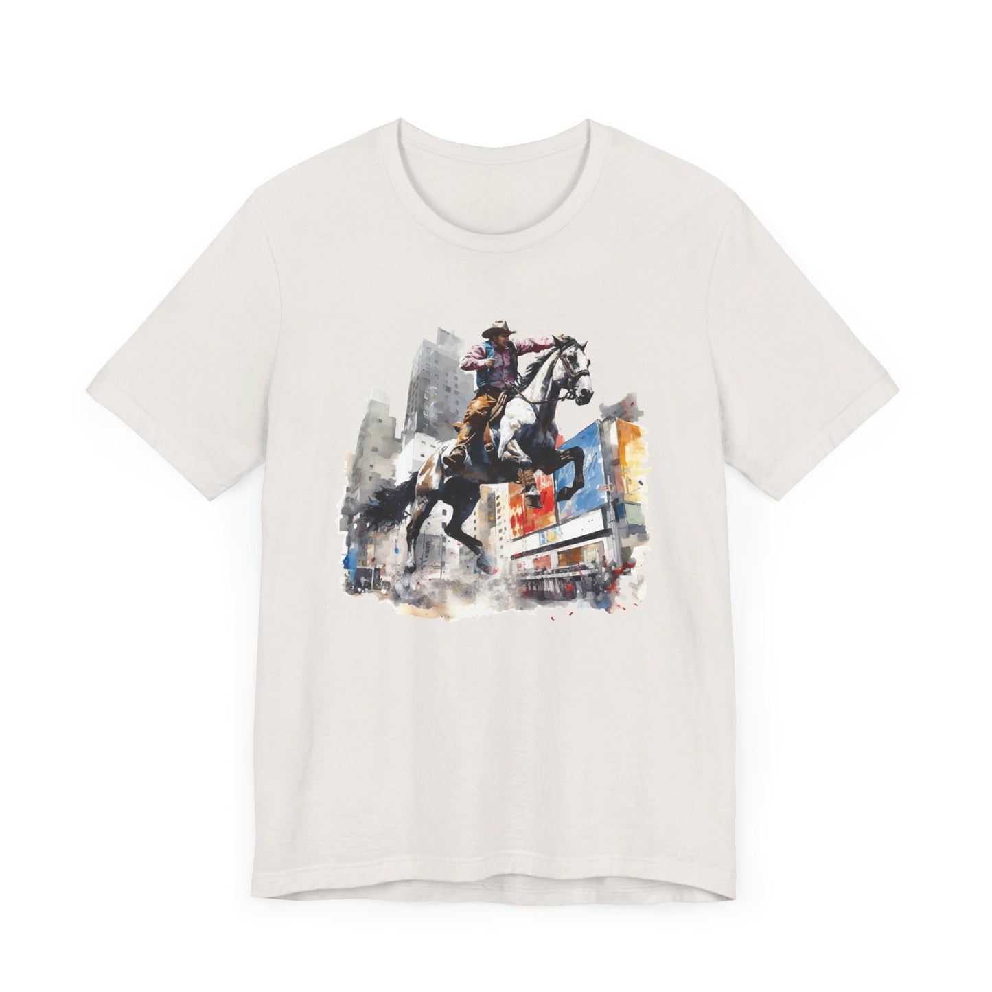 City Rodeo: Bella Canvas T-shirt with Cowboy in Urban Landscape