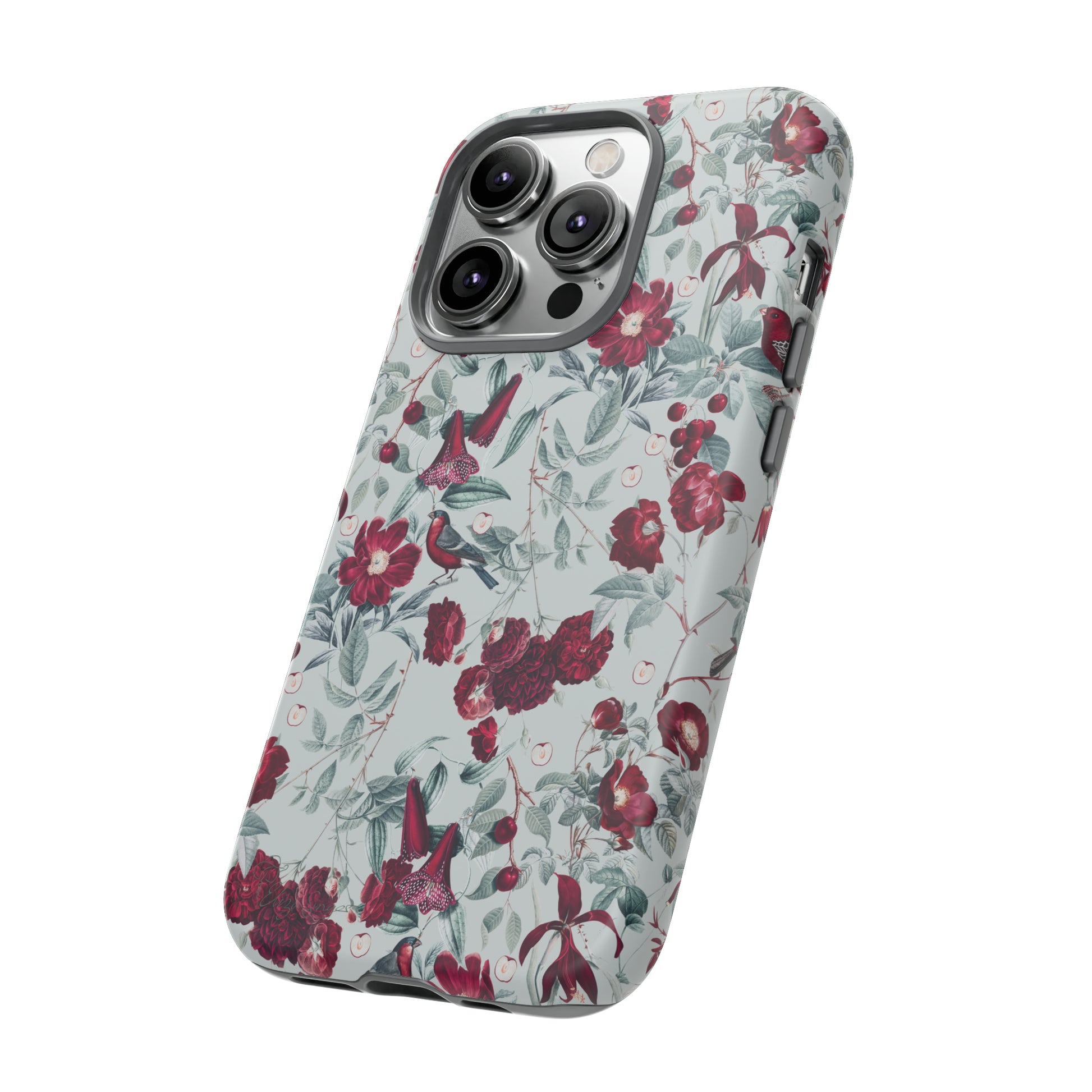 Cherry Blossom Serenade: Cherish nature's beauty with 'Cherry Blossom Serenade.' This iPhone case features flowers and burgundy birds on a blue background, creating a captivating floral wildlife bird and flower design. Elevate your device with this enchanting and stylish protective cover. #ElizaSinger #PhoneCase #FloralDesign