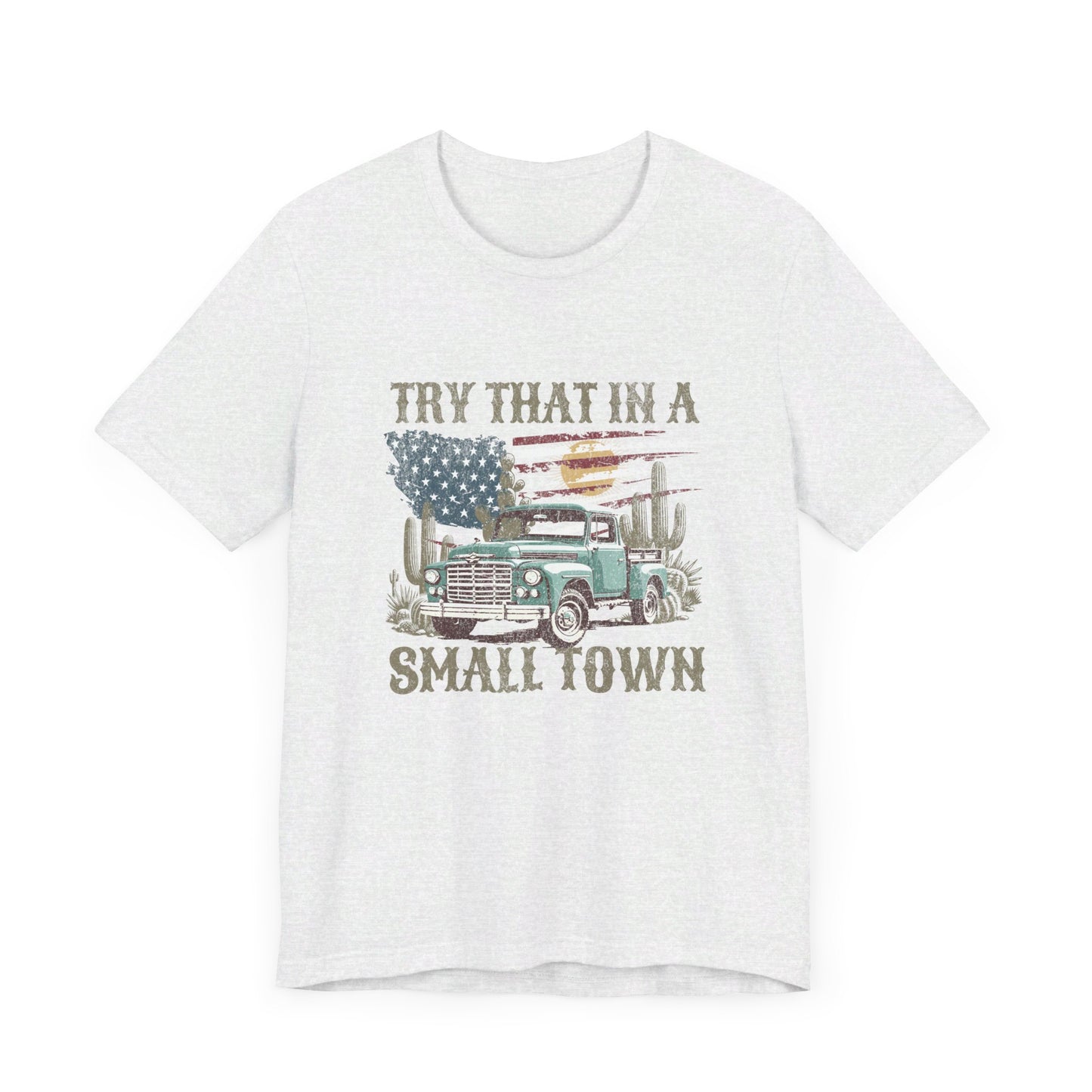 Small Town Pride: Bella Canvas T-shirt with Vintage Pickup and Flag