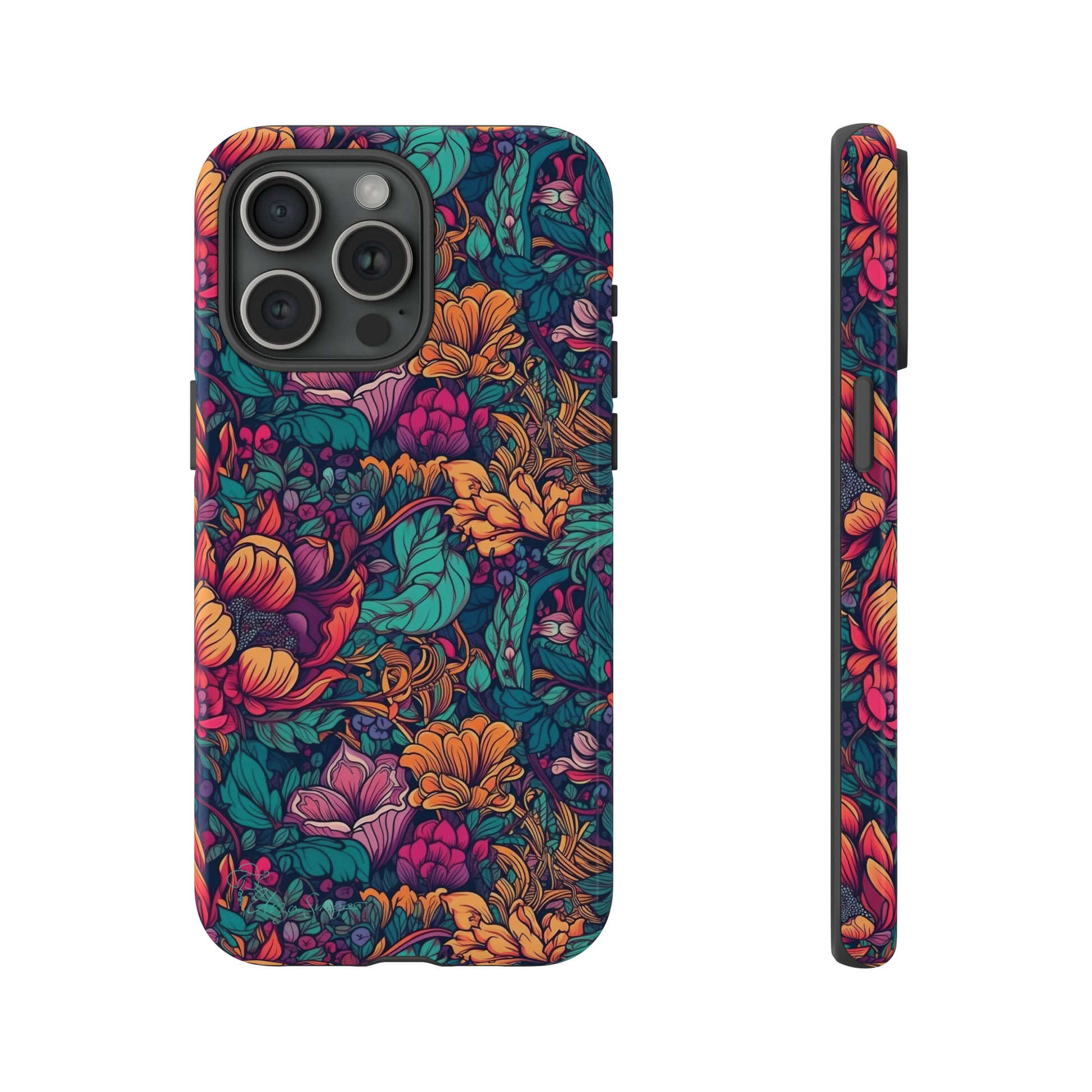 Vibrant Boho Blossoms: iPhone Tough Protective Cover. Featuring a bright abstract floral design, this case adds a touch of Bohemian flair. Compatible with iPhone 15, 14, 13, XS, XR Pro/Max/Mini/P/Plus. Embrace Boho Chic with Style and Durability. #ElizaSinger #PhoneCase #FloralDesign