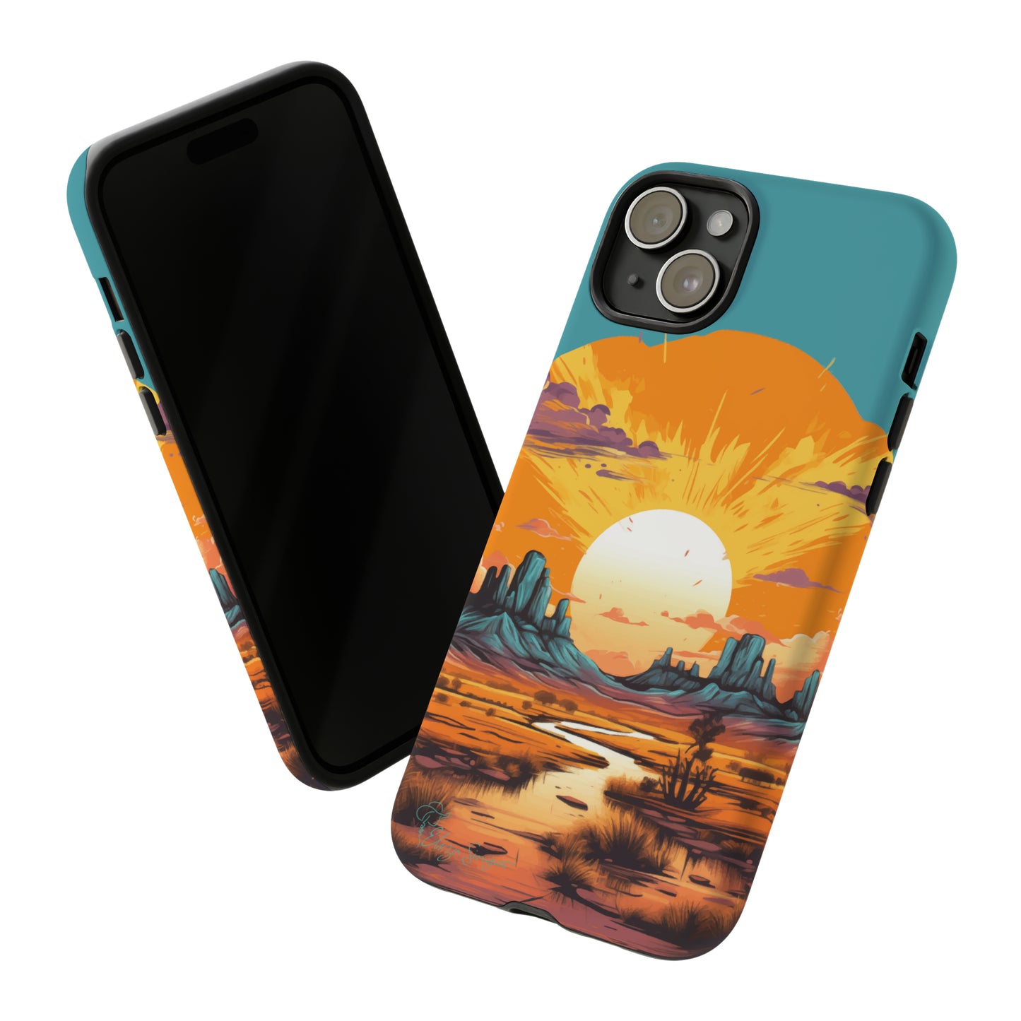 Introducing our Tough Western Cell Phone Case: Turquoise Twilight Oasis Edition! This captivating design showcases a serene landscape with a turquoise background and a mesmerizing setting sun. Enjoy the perfect blend of rugged protection and artistic flair.